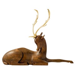 Vintage Werkstatte Hagenauer Fallow Deer Brass and Wood Figurine, circa 1940, Austrian