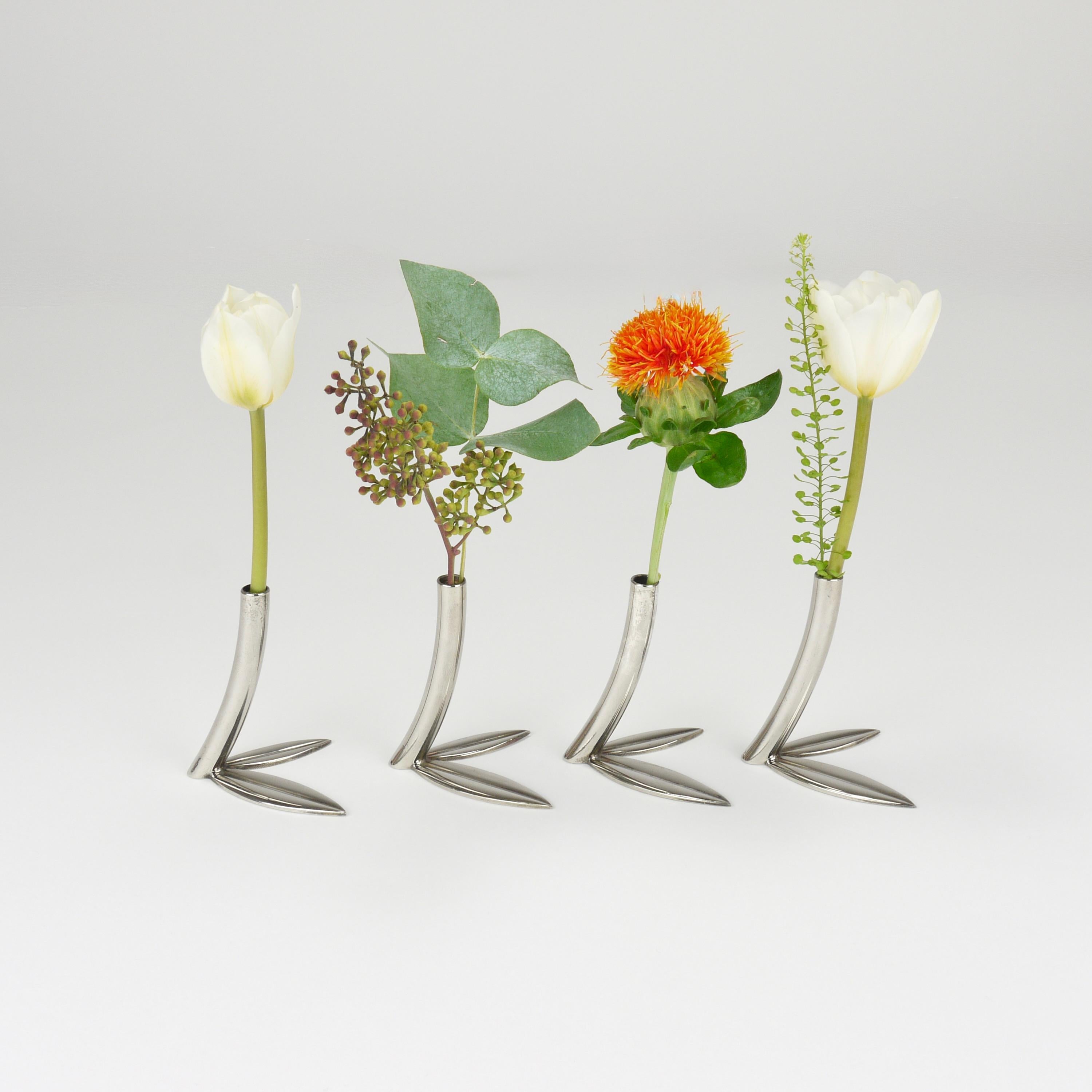 20th Century Werkstätte Hagenauer Up to 6 Soliflore Leaf Vases, Brass & Nickel, Vienna, 1960s For Sale