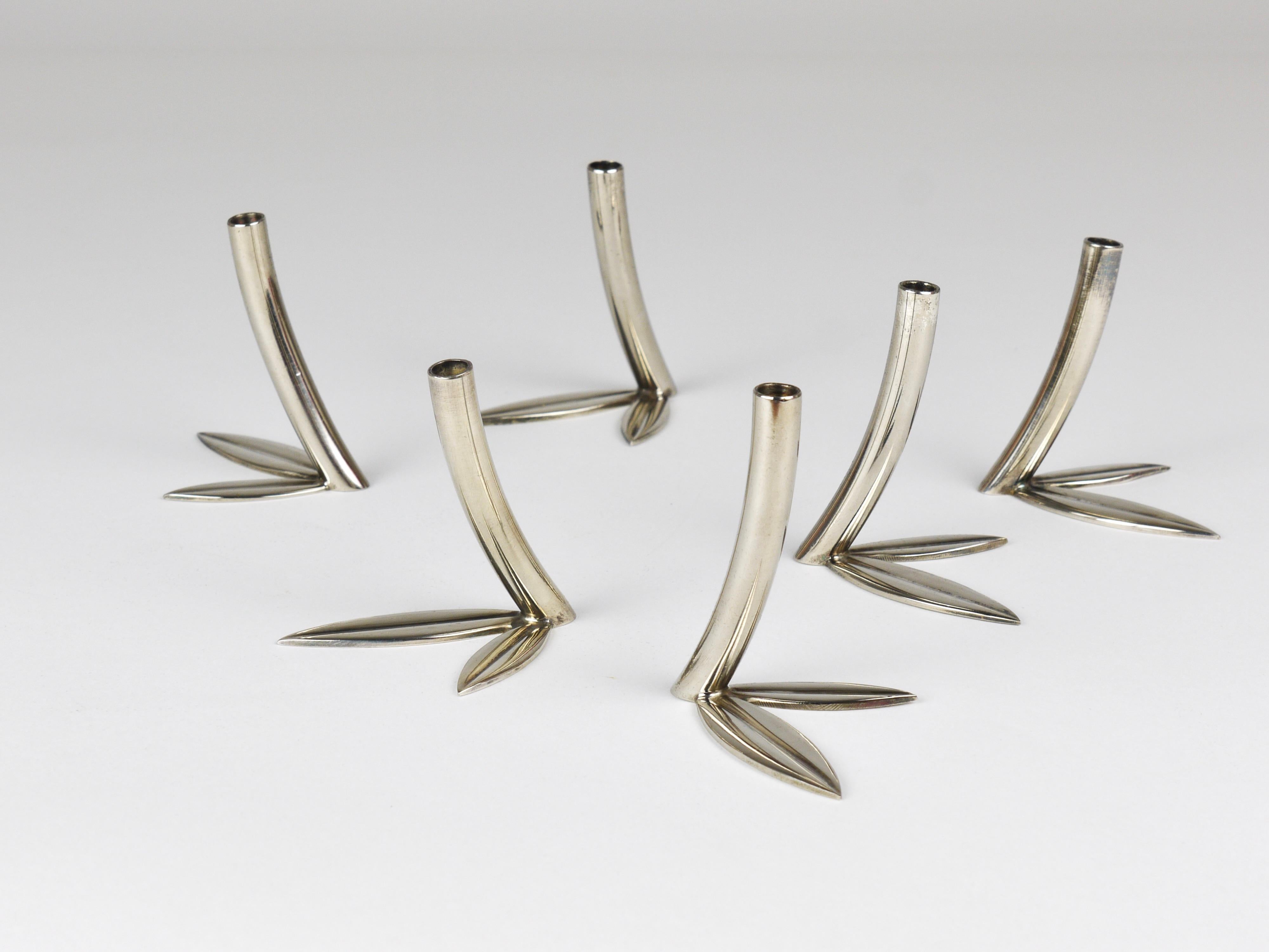 Werkstätte Hagenauer Up to 6 Soliflore Leaf Vases, Brass & Nickel, Vienna, 1960s For Sale 1