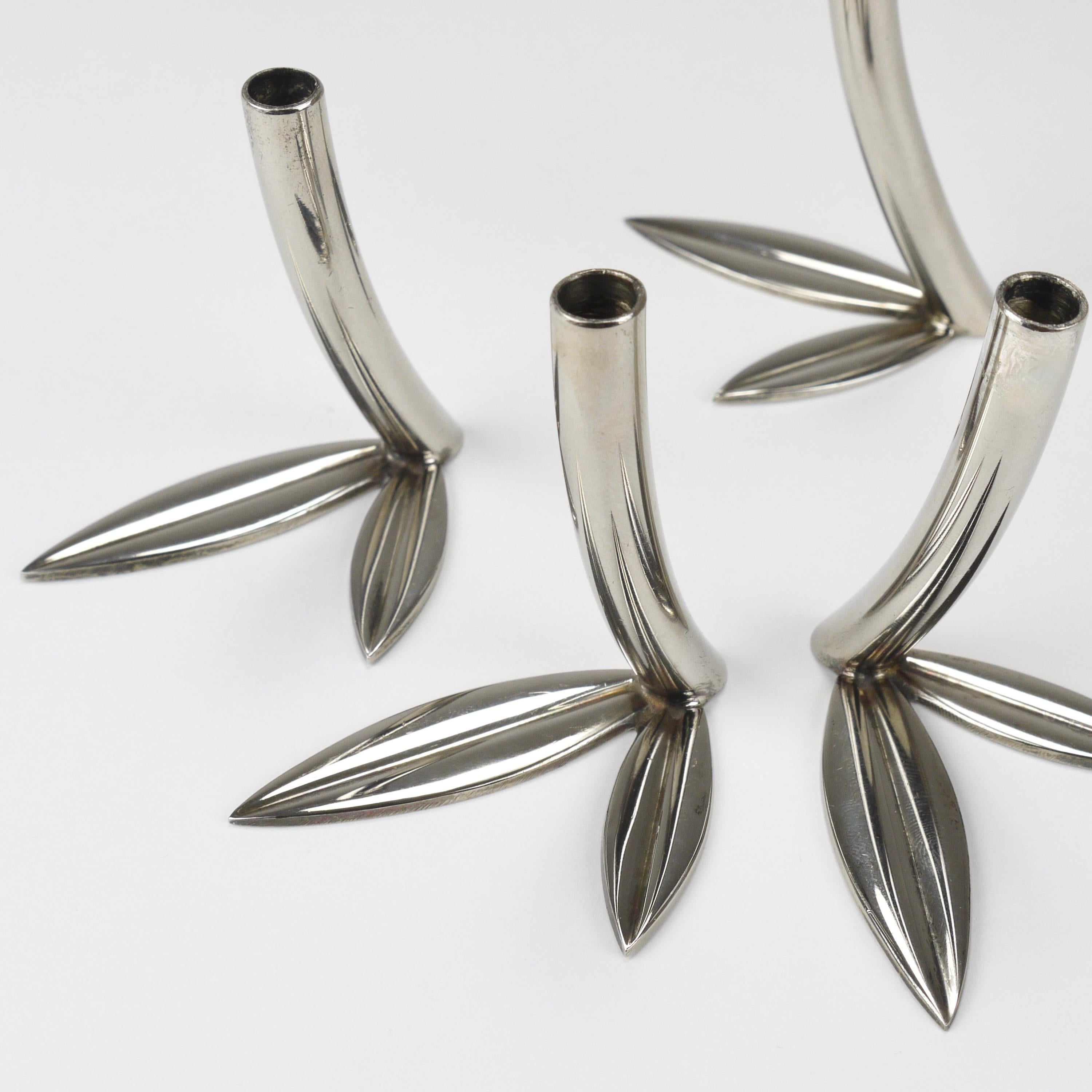 Werkstätte Hagenauer Up to 6 Soliflore Leaf Vases, Brass & Nickel, Vienna, 1960s For Sale 3