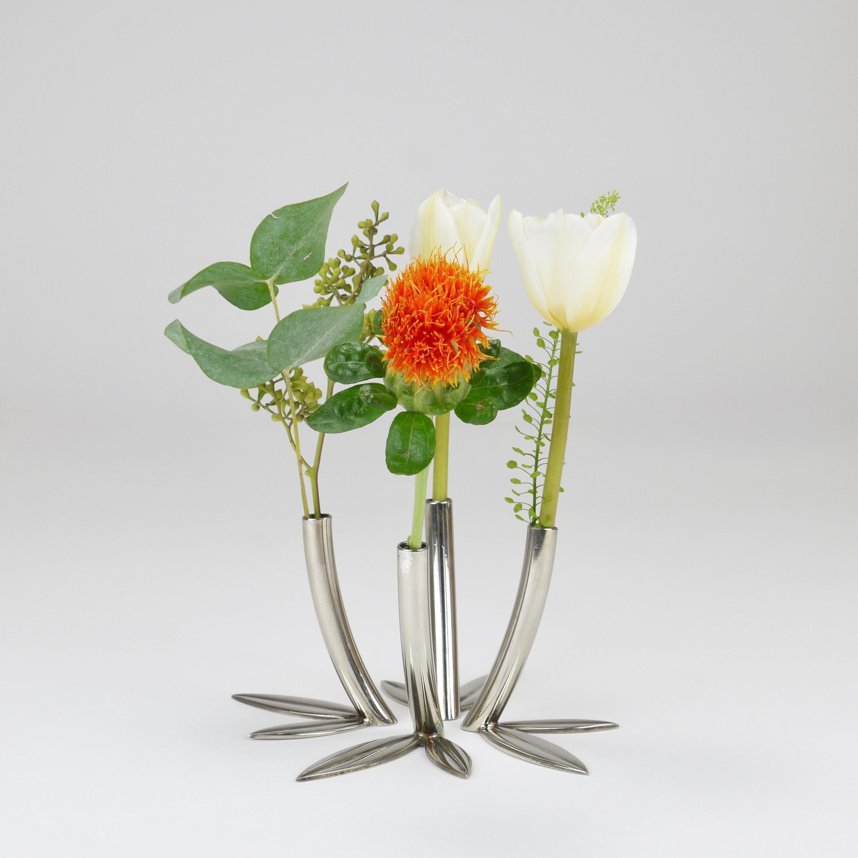 Werkstätte Hagenauer Up to 6 Soliflore Leaf Vases, Brass & Nickel, Vienna, 1960s For Sale 4