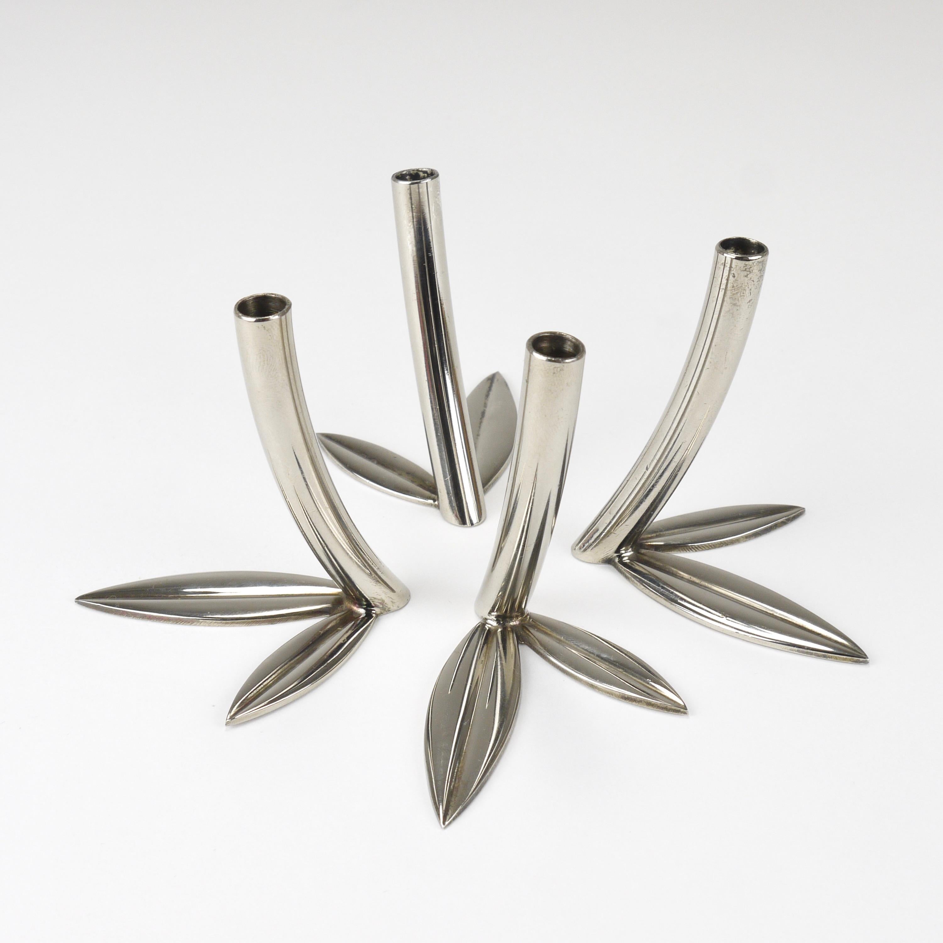 Werkstätte Hagenauer Up to 6 Soliflore Leaf Vases, Brass & Nickel, Vienna, 1960s For Sale 5
