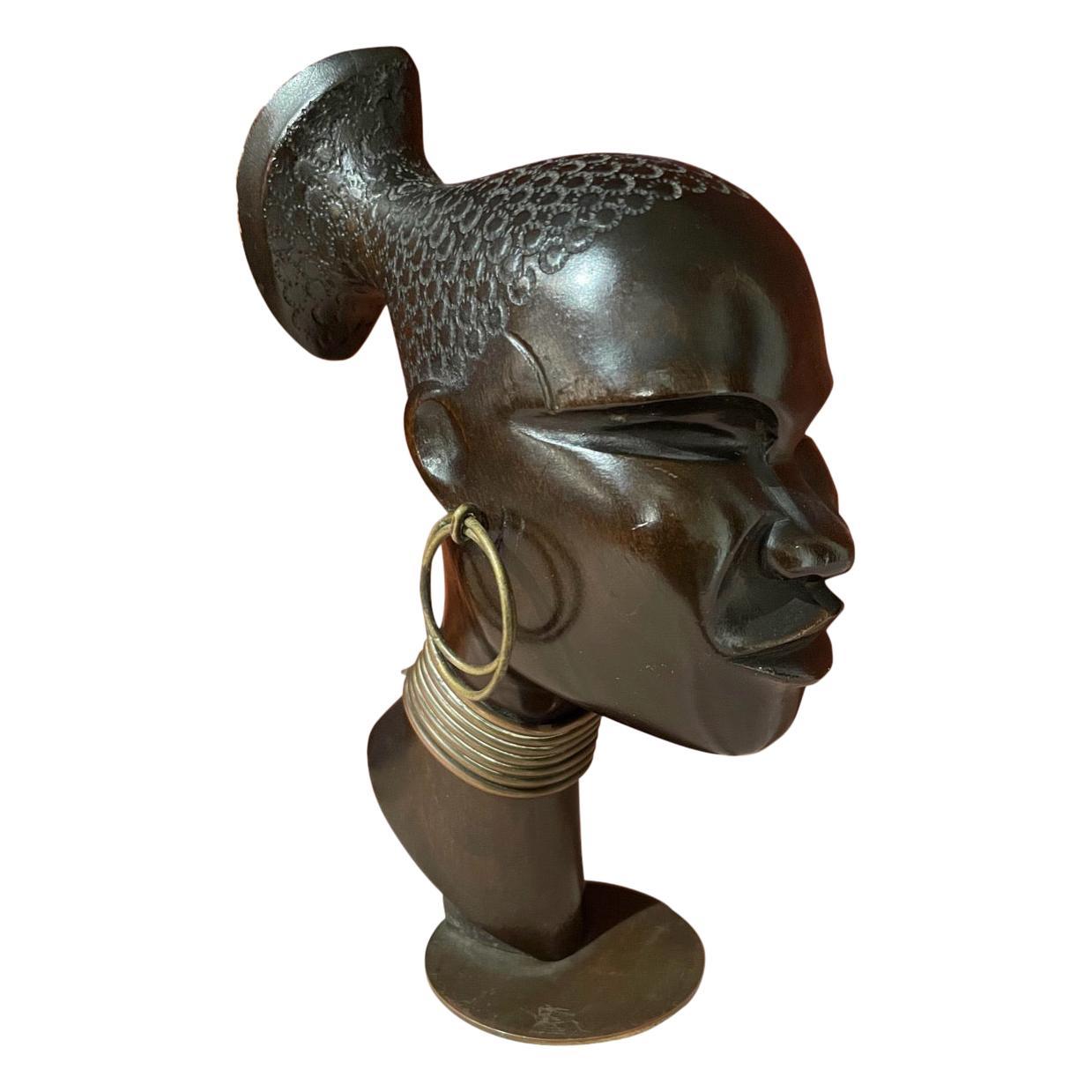 Werkstätte Hagenauer Wien Figurative Sculpture - Hagenauer Carved Wood with Bronze Base Sculpture Head of African Woman, 1930