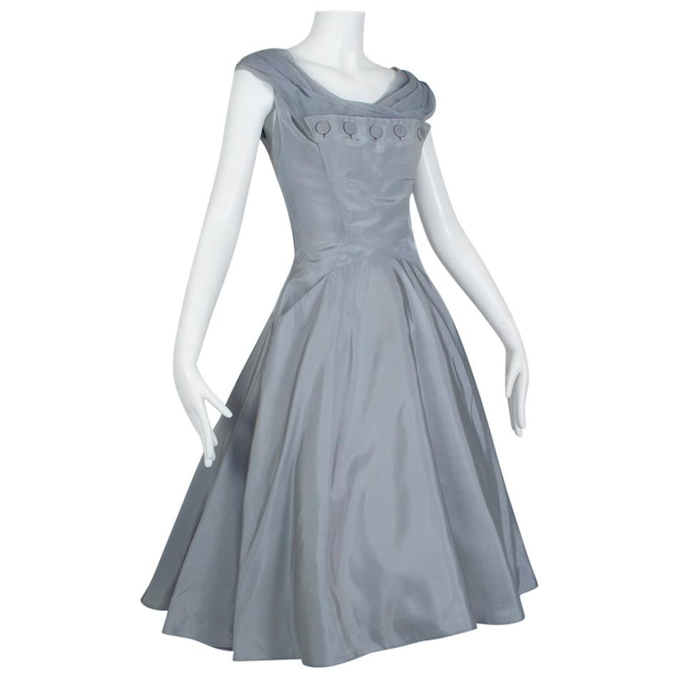 Werlé Beverly Hills Dove Gray Bib-Front Ballerina Dress - Medium, 1950s