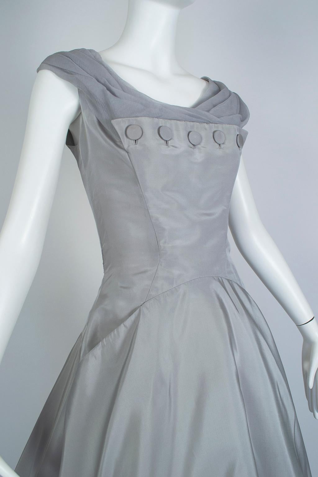 Werlé Beverly Hills Taubengraues Bib-Front-Ballerina-Kleid - Medium, 1950er Jahre im Zustand „Gut“ im Angebot in Tucson, AZ