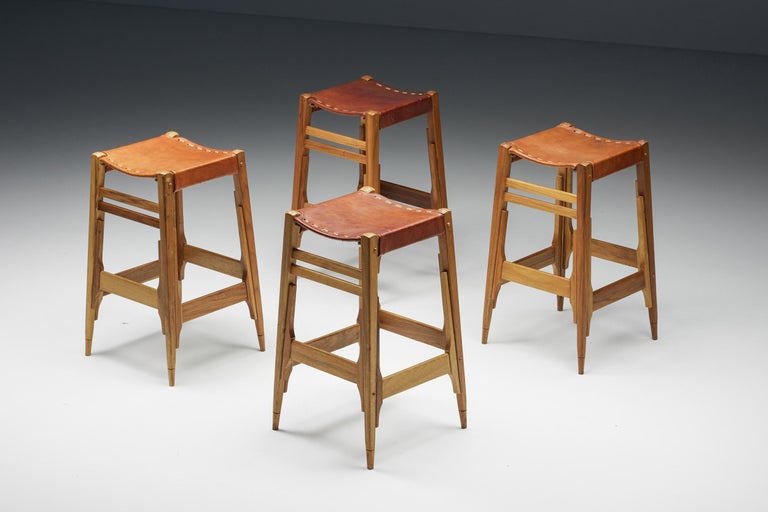 Mid-Century Modern Werner Biermann for Arte Sano Bar Stools, Hand-Tanned Leather, Colombia, 1960's For Sale