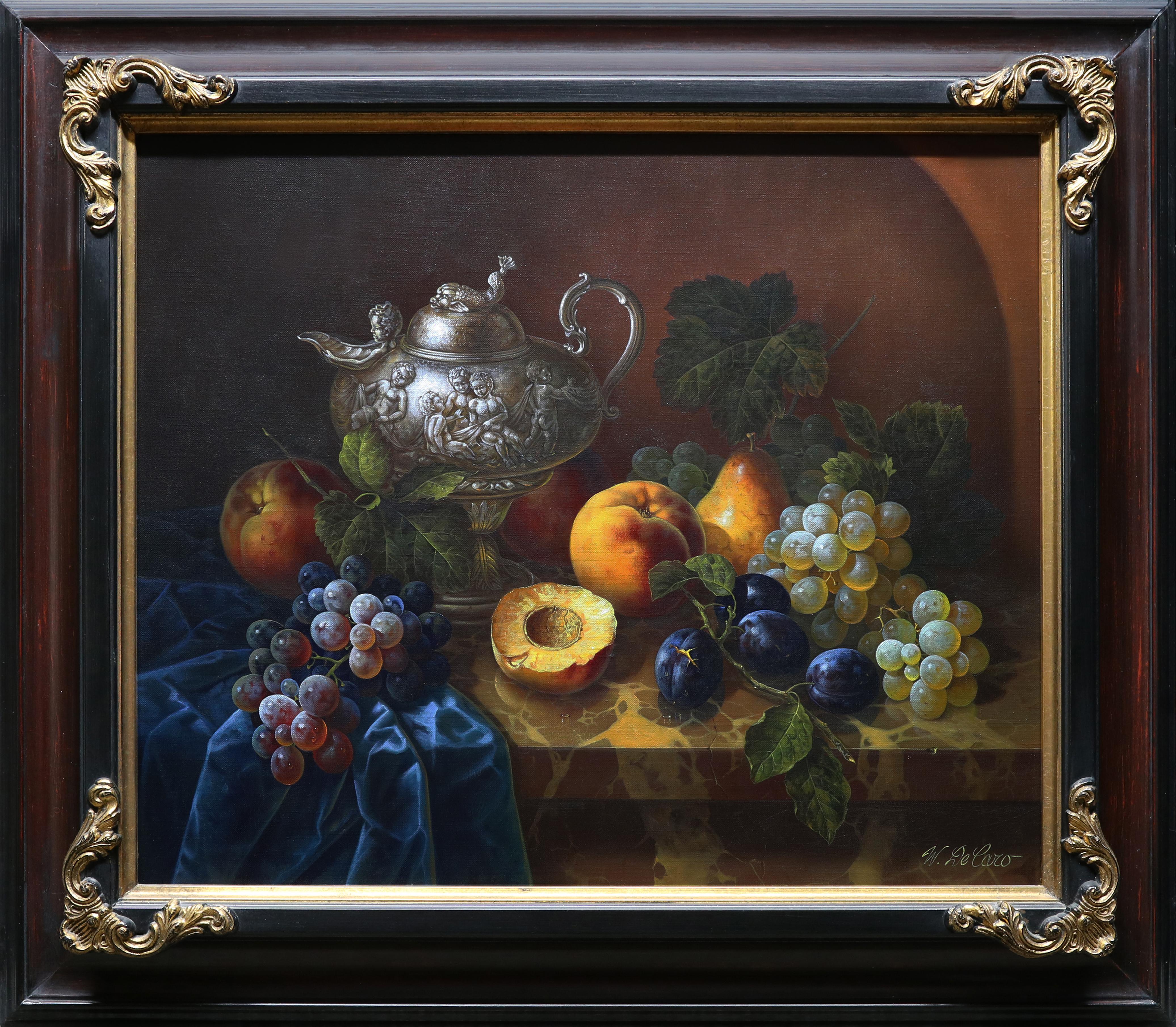 Werner De Caro Still-Life Painting – Classic Still Life with Peaches, Realist Oil Painting on Canvas, Framed, 1980s