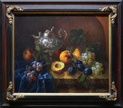 Classic Still Life with Peaches, Realist Oil Painting on Canvas, Framed, 1980s