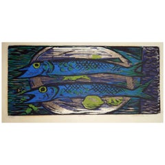 Werner Drewes Bauhaus Artist Color Woodblock, 1955, Still Life with Blue Fish