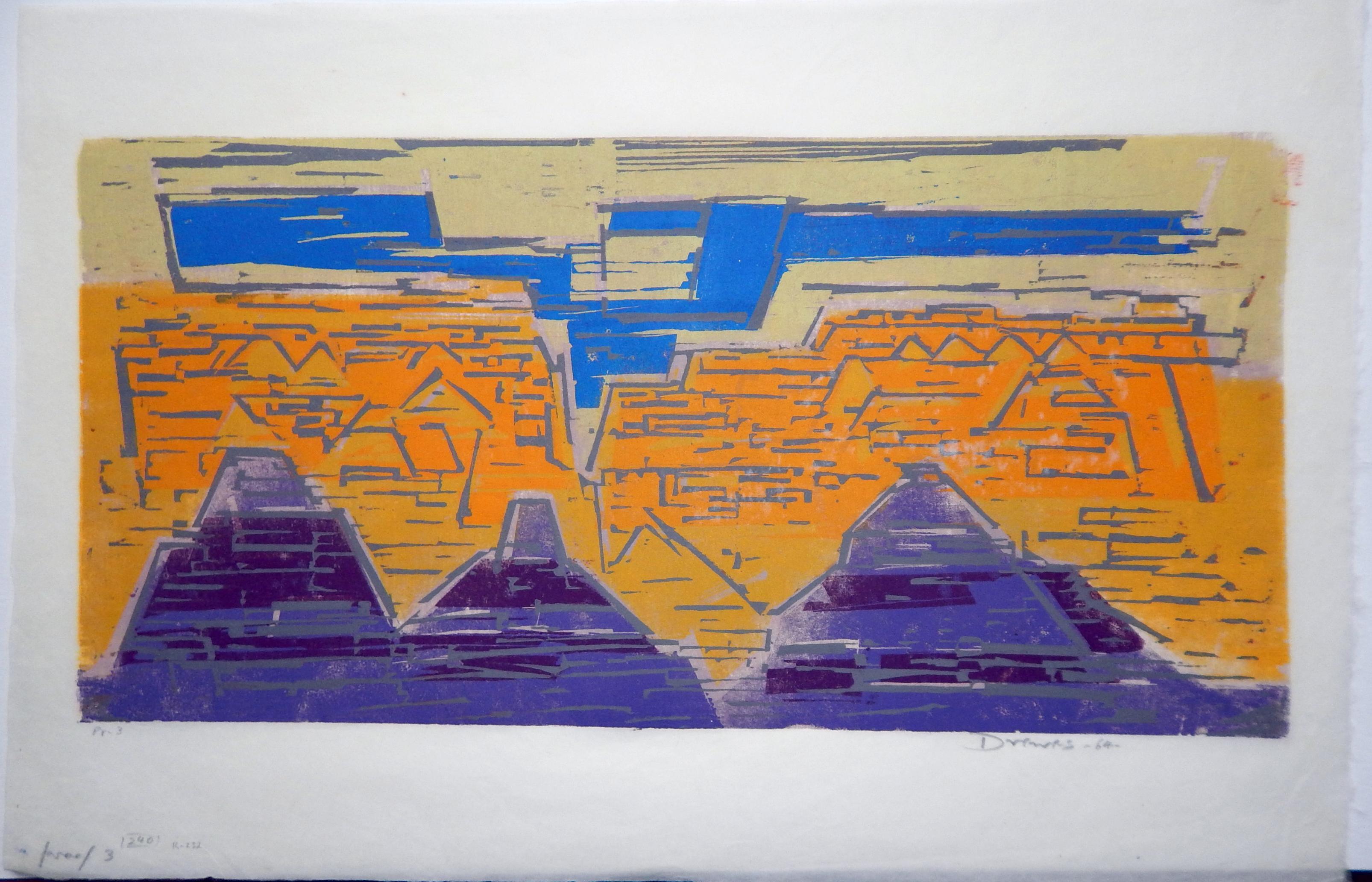 Original color woodblock print by Werner Drewes.
In excellent condition. Unframed.
Image measures: 11 1/8 x 22 7/8 inches.
Pencil signed and dated lower right.
Numbered in pencil lower left: Proof 3
R-232.

Werner Drewes (1899-1985)
Werner