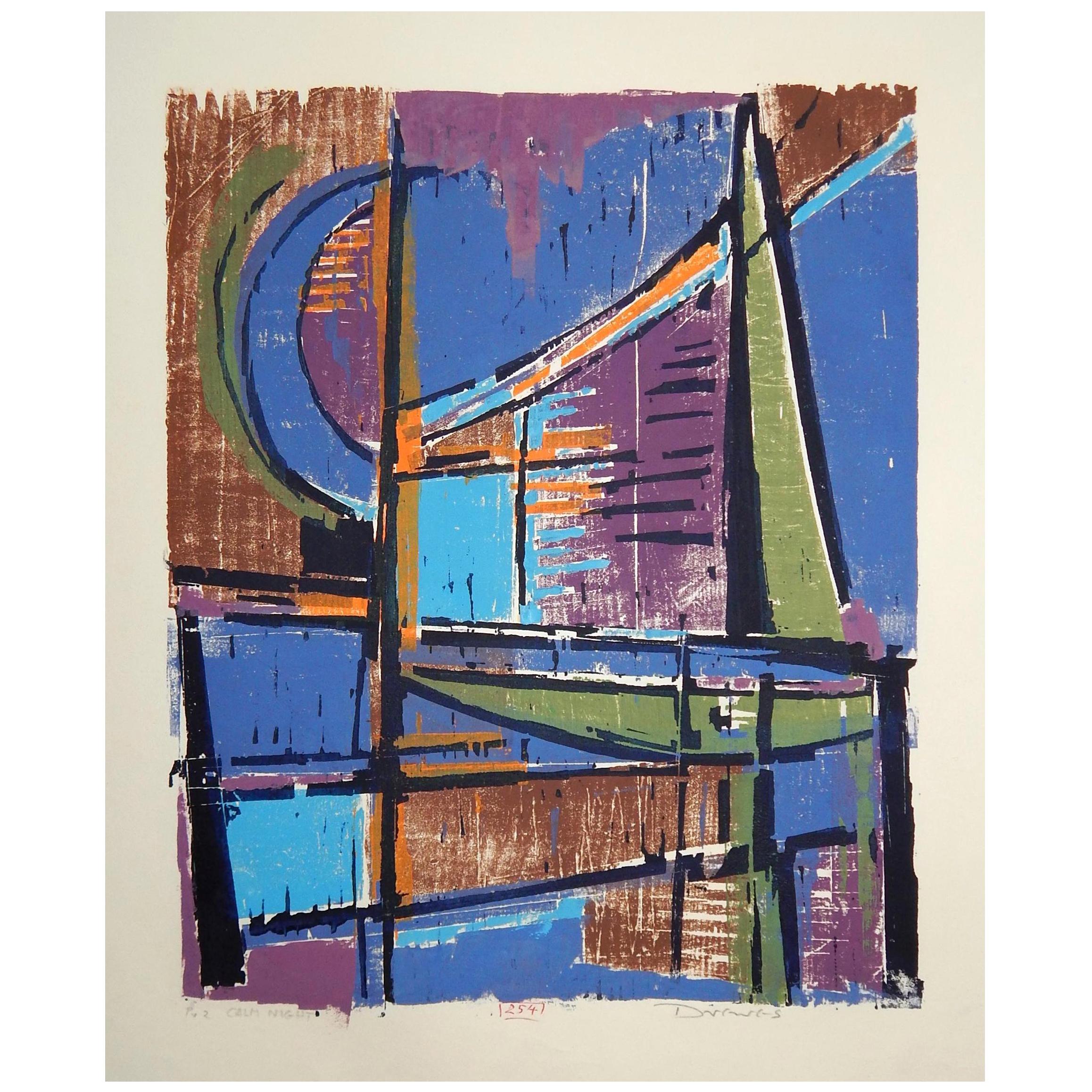 Werner Drewes Bauhaus Artist Color Woodblock, 1965, Calm Night