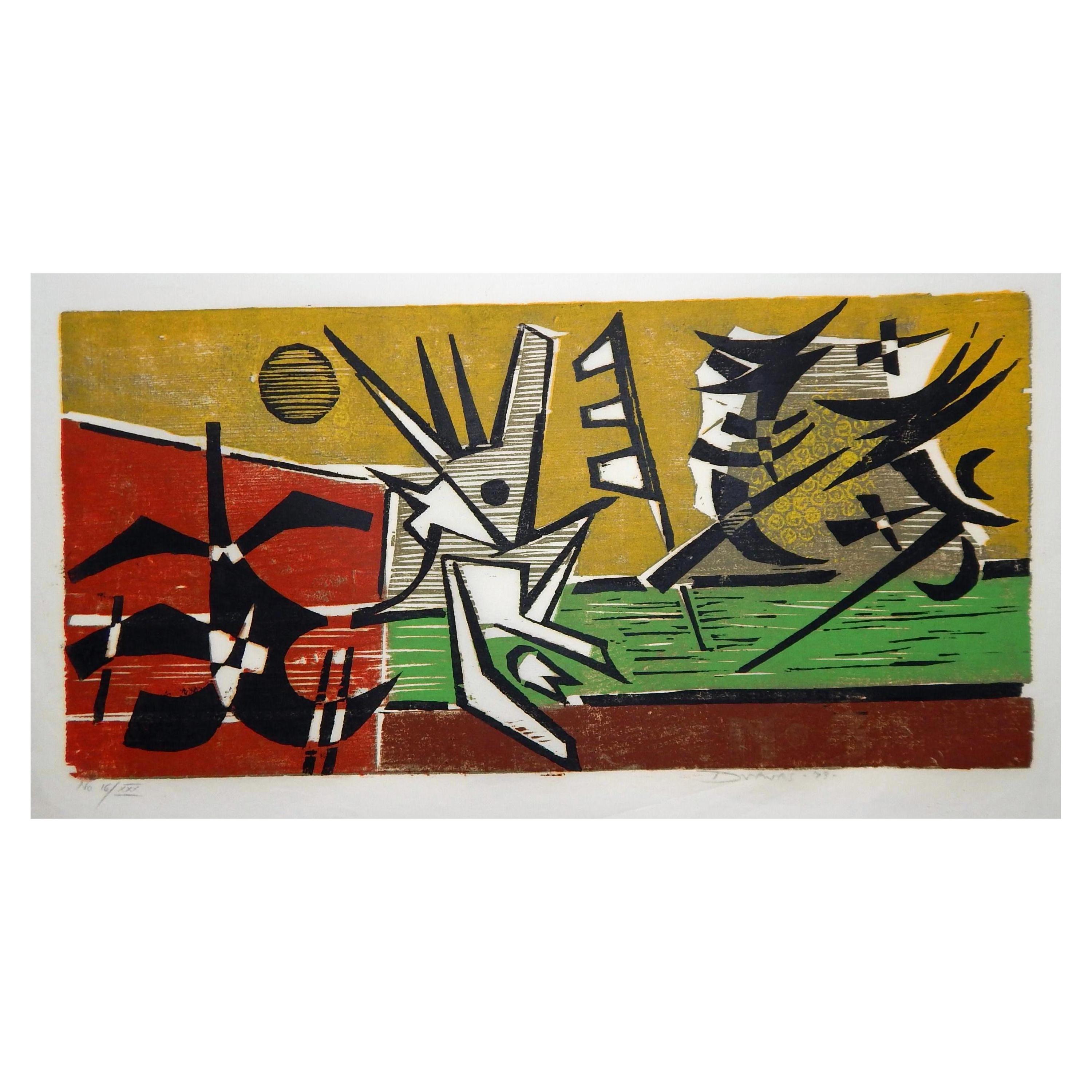 Werner Drewes Bauhaus Artist Color Woodblock, 1973, At Play No. 3 'Fight'