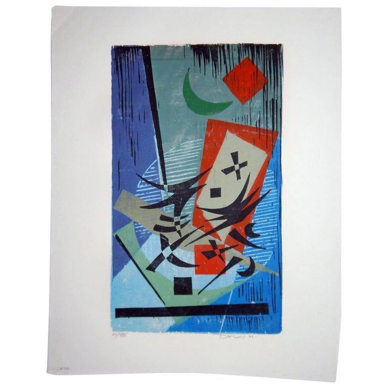 Werner Drewes Bauhaus Artist Color Woodblock, 1973, The Green Moon For Sale