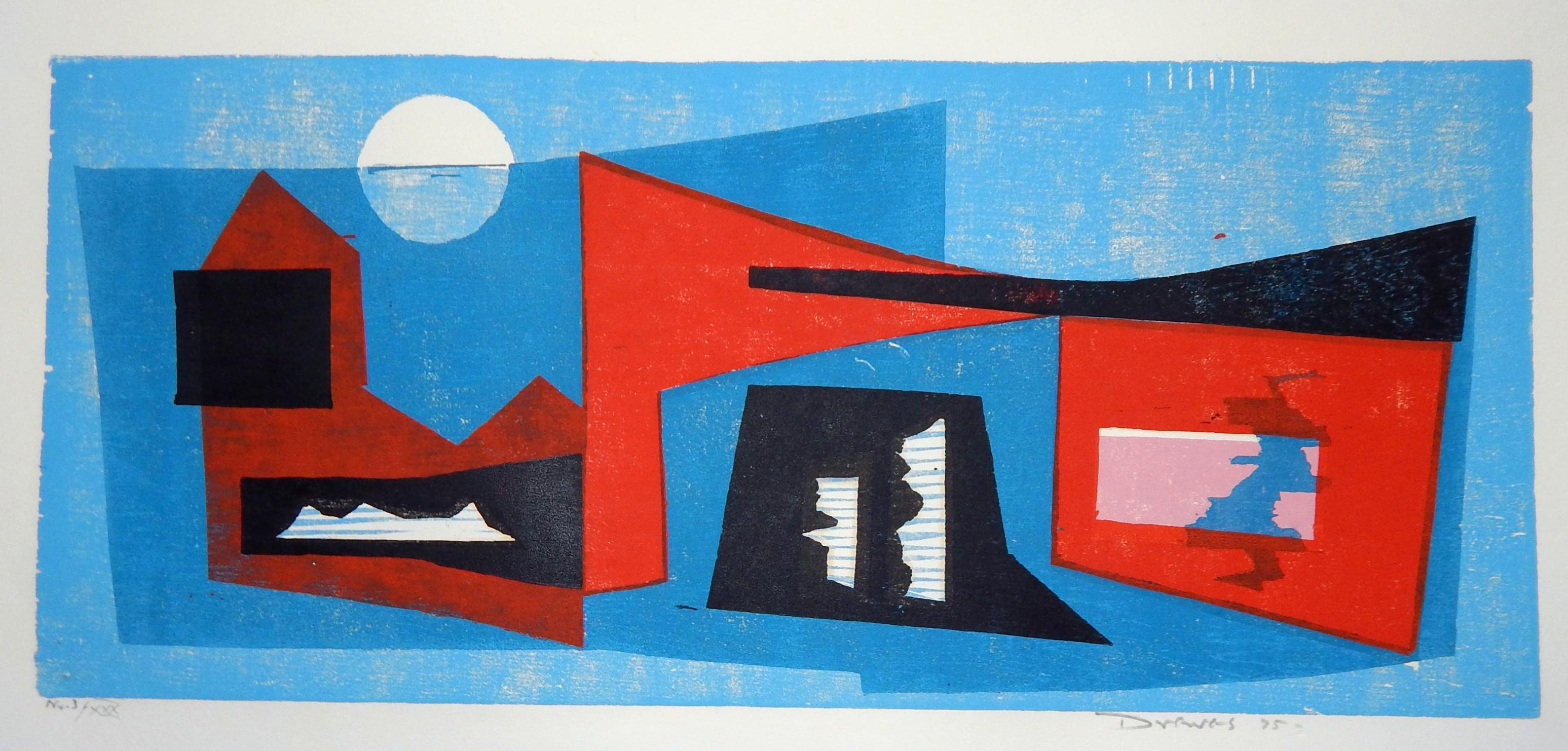 Original color woodblock print by Werner Drewes.
In excellent condition. Unframed.
Image measures 9 1/8 x 21 inches.
Pencil signed and dated lower right.
Edition size in pencil lower left: #3 of 30.
(13) R-341

Werner Drewes