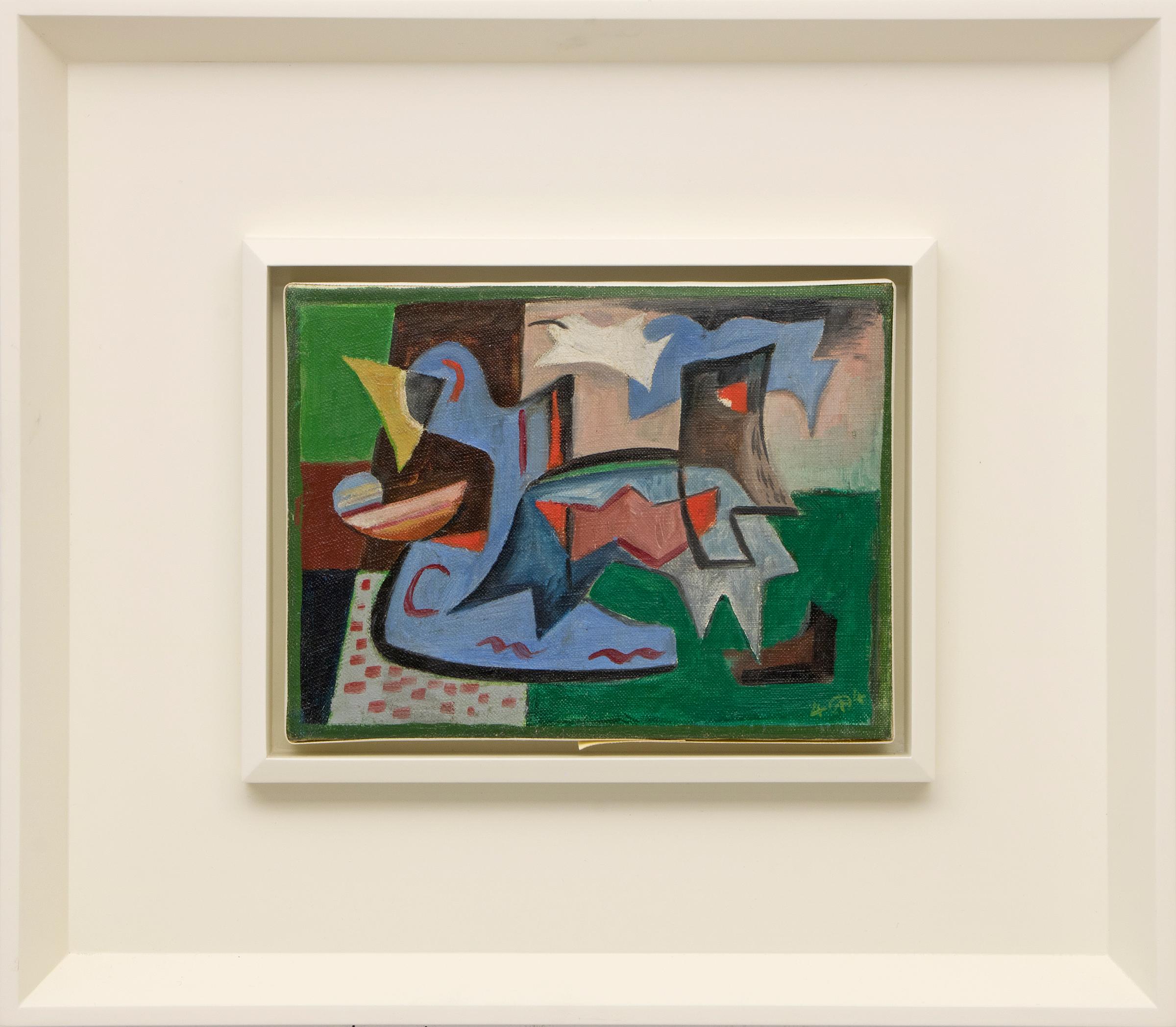 Abstraktes Ölgemälde auf Leinwand von Werner Drewes, gemalt in leuchtenden Grün-, Blau- und Rottönen aus dem Jahr 1944. Signiert vom Künstler in der rechten unteren Ecke der Leinwand. Das Bild wird in einem weißen Rahmen präsentiert, die Außenmaße