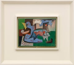 Peinture à l'huile abstraite moderne du milieu du siècle dernier de Werner Drewes, vert bleu rouge jaune