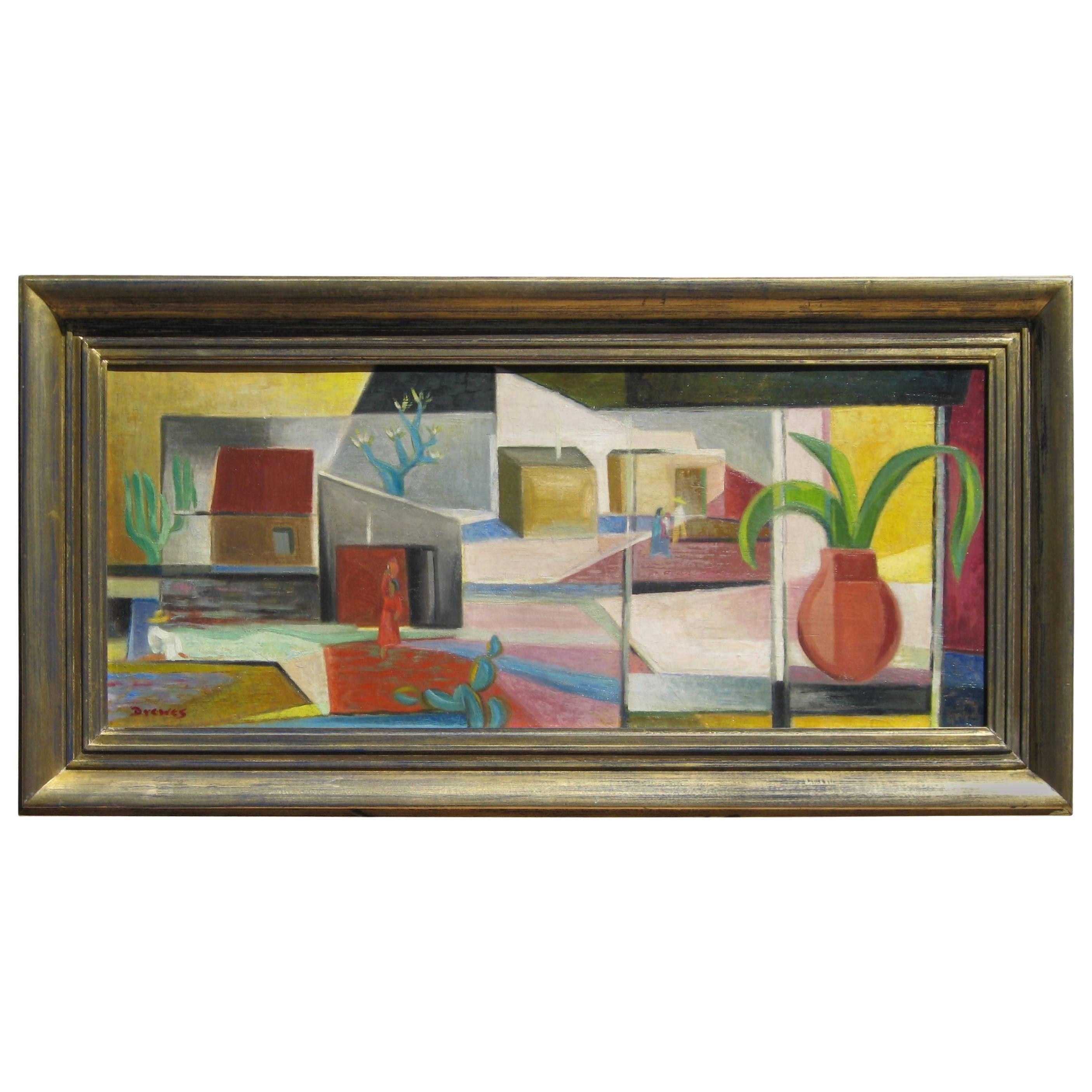 Werner Drewes (1899-1985) óleo sobre lienzo, 1947
Titulado: "Pueblo Adobe" 
Medidas: 15 ½ x 36 Marco: 21 x 42
Firmado abajo a la izquierda y también en el verso
En excelente estado.

Nació en Niederlausitz, Alemania, el 27 de julio de 1899. Drewes