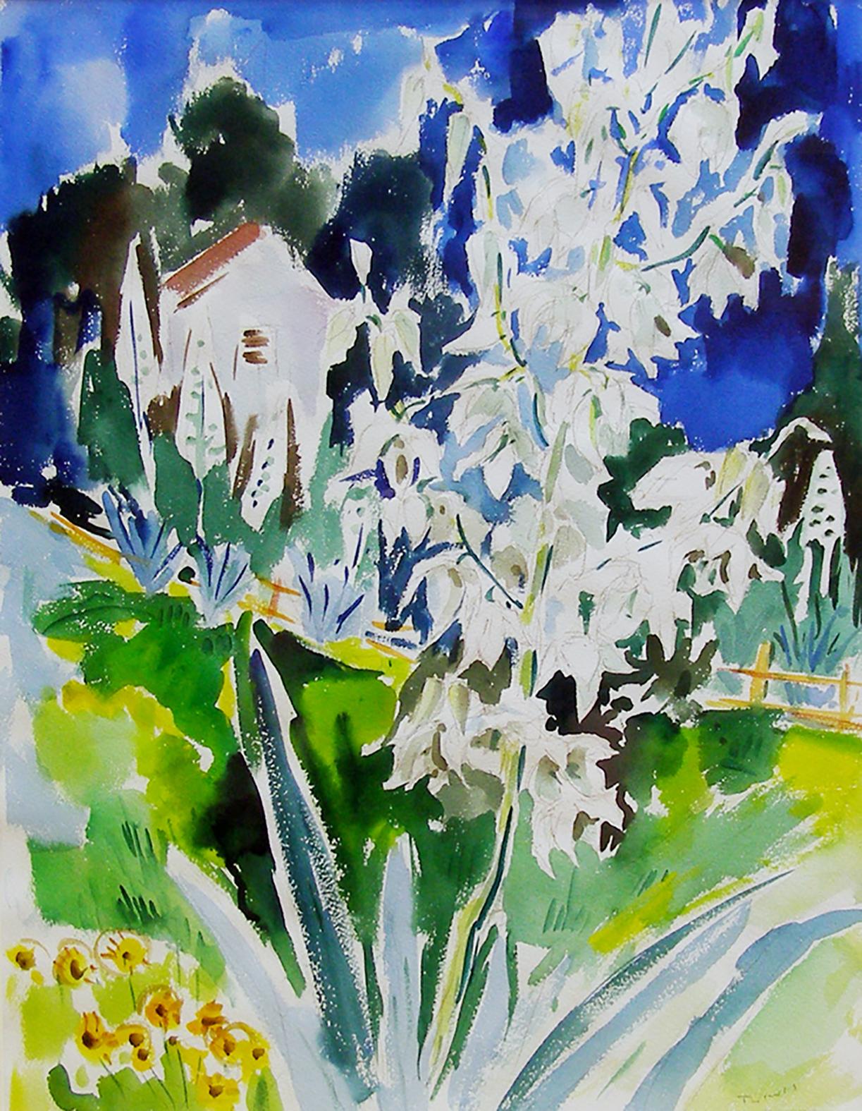 Werner Drewes Still-Life Painting - Yucca Growing in Garden, Modern watercolor