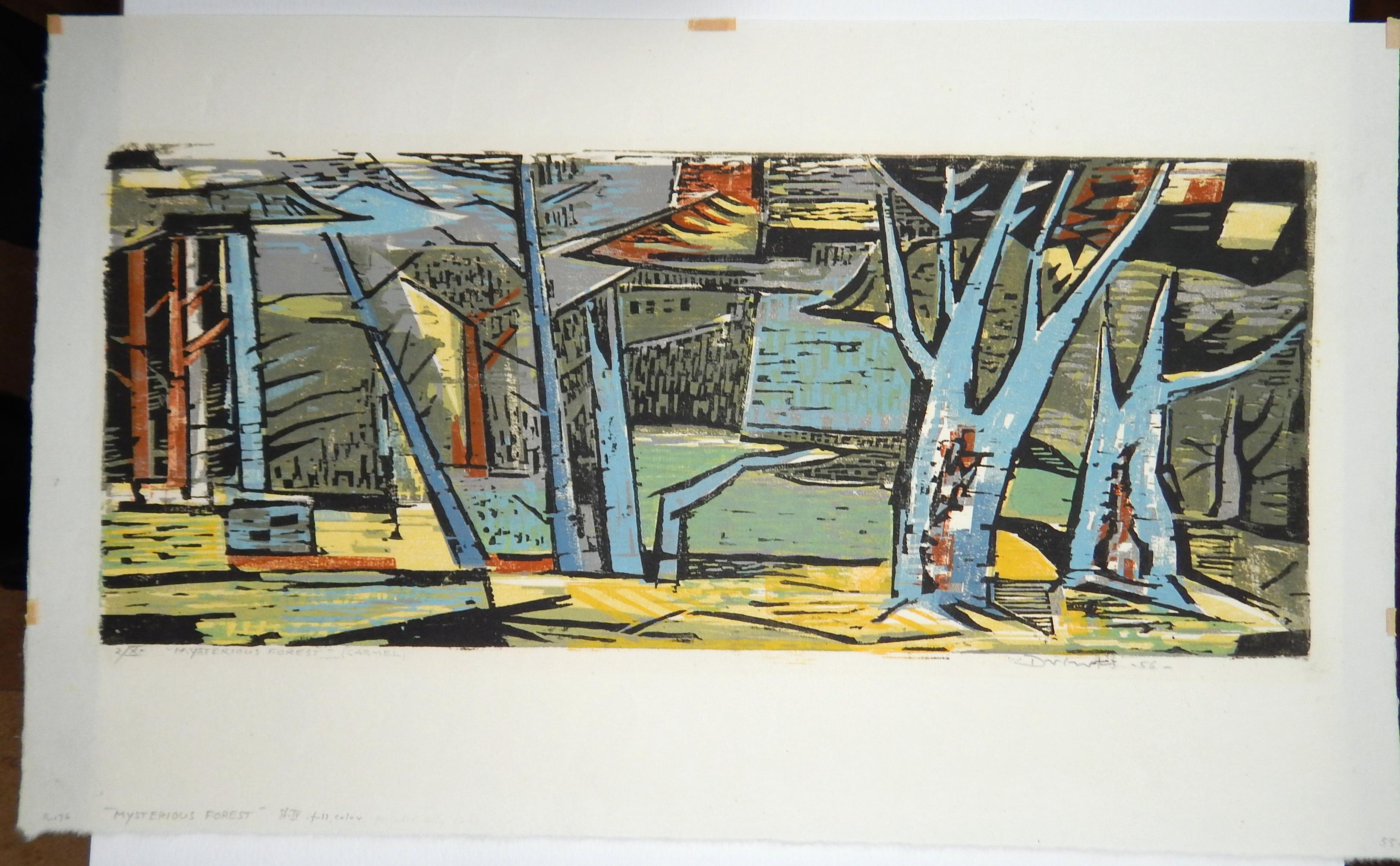 Woodblock a colori dell'artista Bauhaus Werner Drewes, 1956, Foresta misteriosa in vendita 1