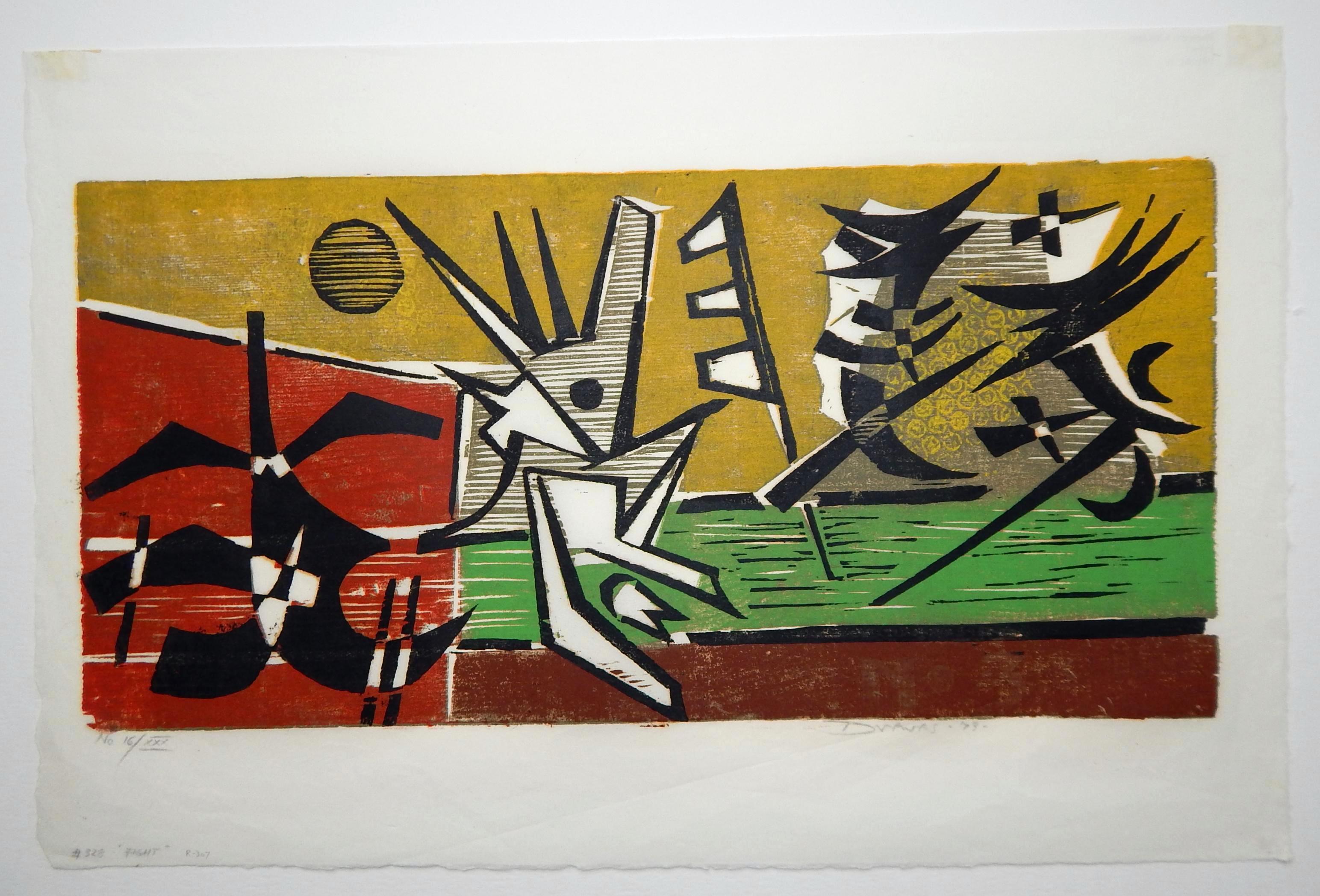 Werner Drewes Bauhaus Artist Color Woodblock, 1973, At Play No. 3 'Fight' For Sale 1