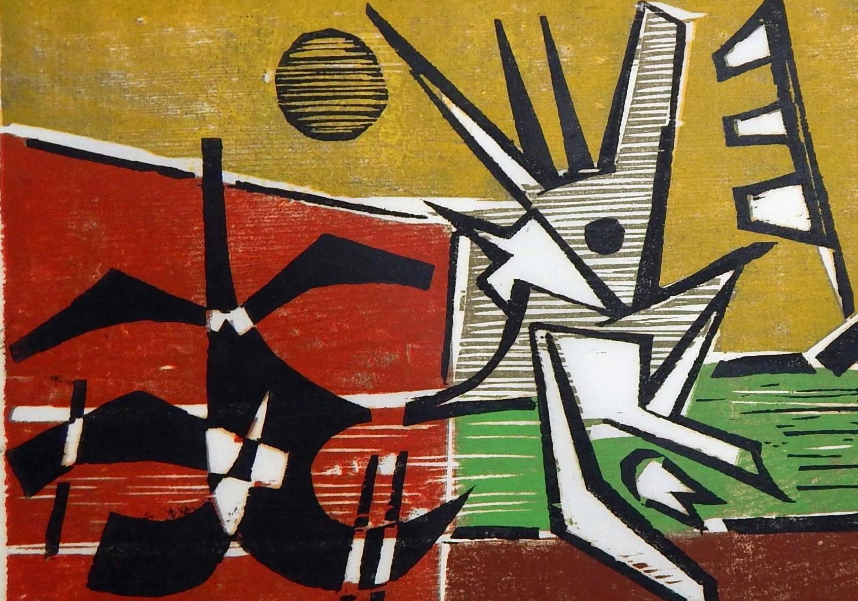 Werner Drewes Bauhaus Artist Color Woodblock, 1973, At Play No. 3 'Fight' For Sale 2