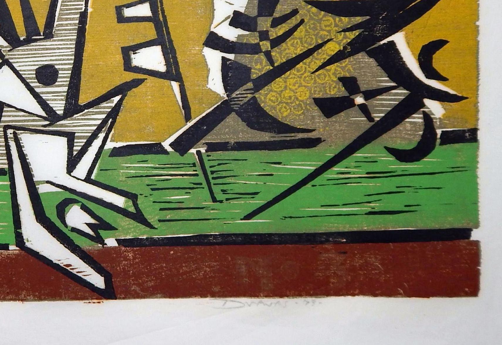 Werner Drewes Bauhaus Artist Color Woodblock, 1973, At Play No. 3 'Fight' For Sale 3