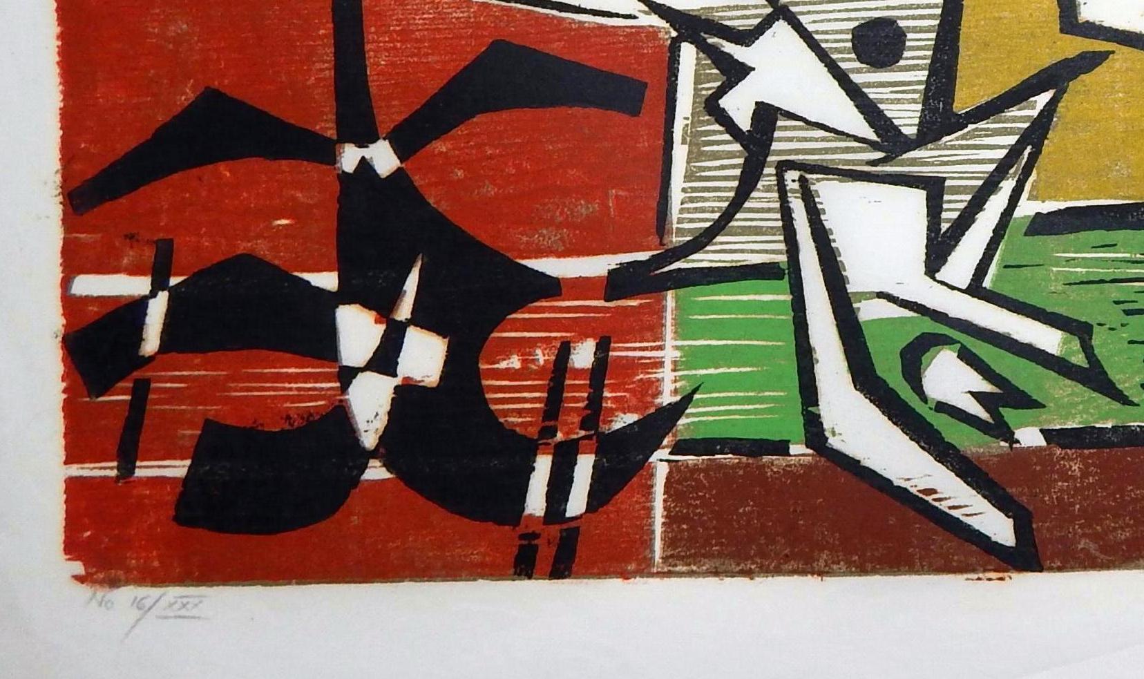 Werner Drewes Bauhaus Artist Color Woodblock, 1973, At Play No. 3 'Fight' For Sale 4