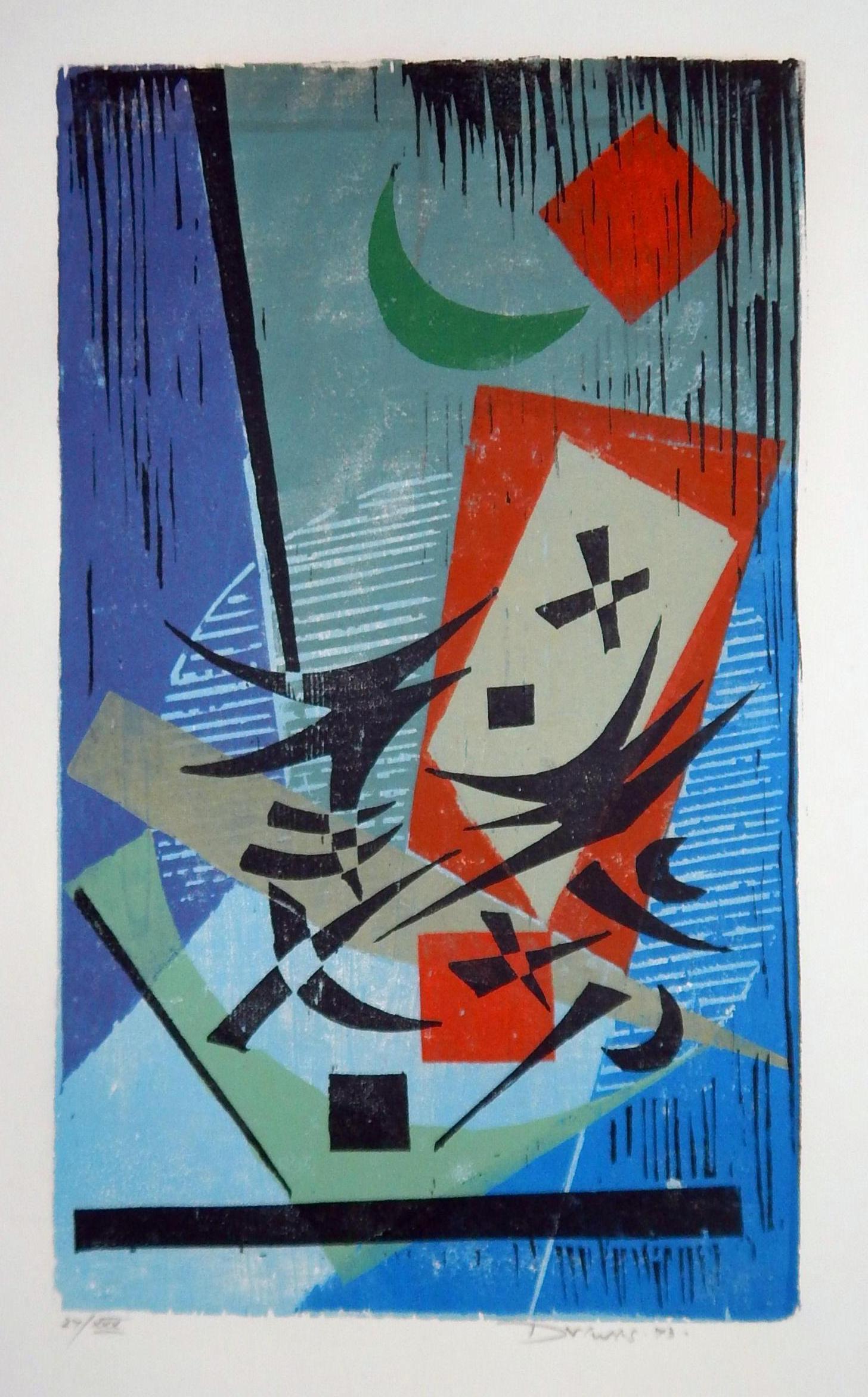 Werner Drewes Bauhaus Artist Color Woodblock, 1973, The Green Moon For Sale 1