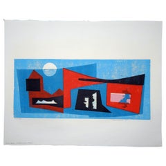 Werner Drewes Bauhaus Artist Color Woodblock, 1975, Enterlocked Forms