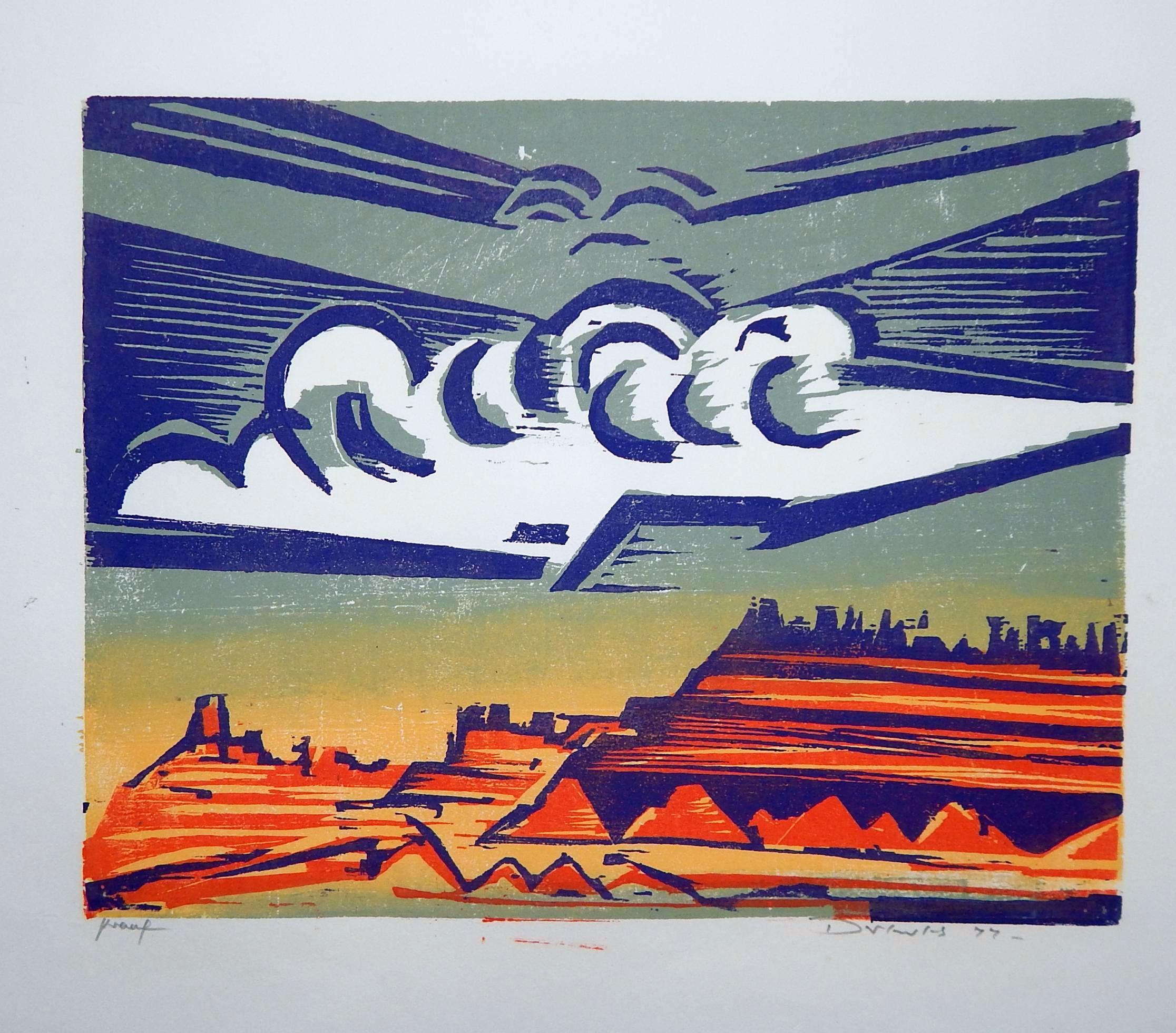 Werner Drewes Bauhaus Artist Color Woodblock, 1977, Nuvola di tempesta bianca in vendita 1