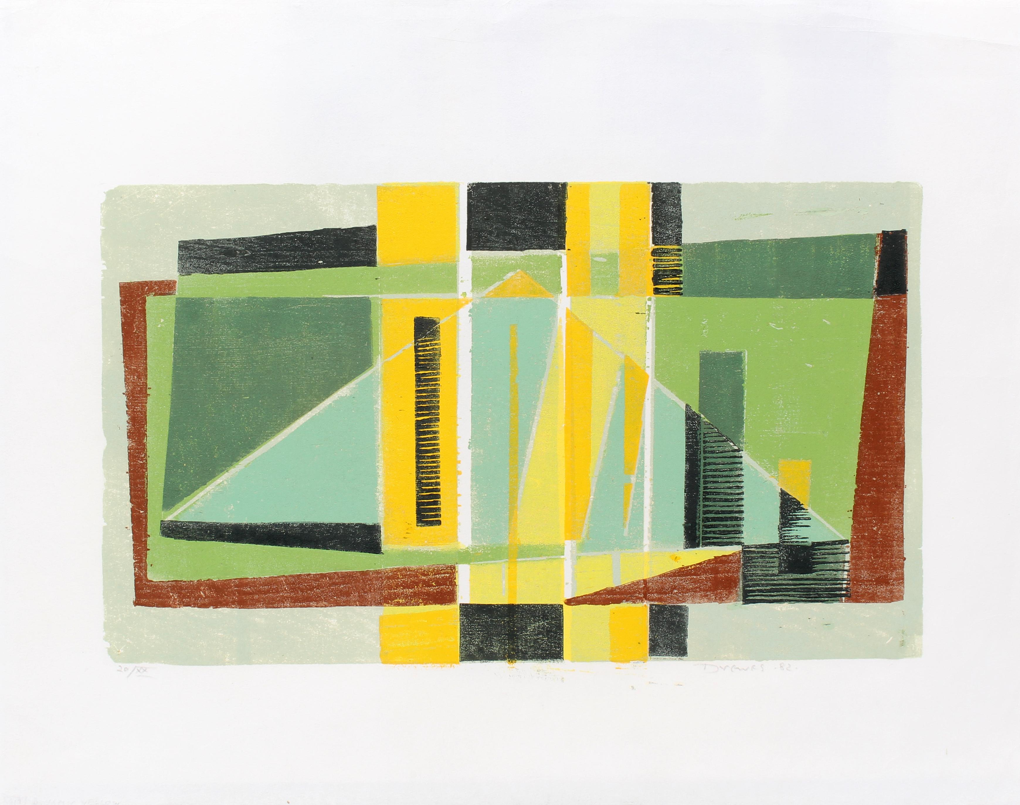 Werner Drewes, gravure sur bois cubiste colorée, rare, encadrée verte, noire et rouge, 1982 en vente 1