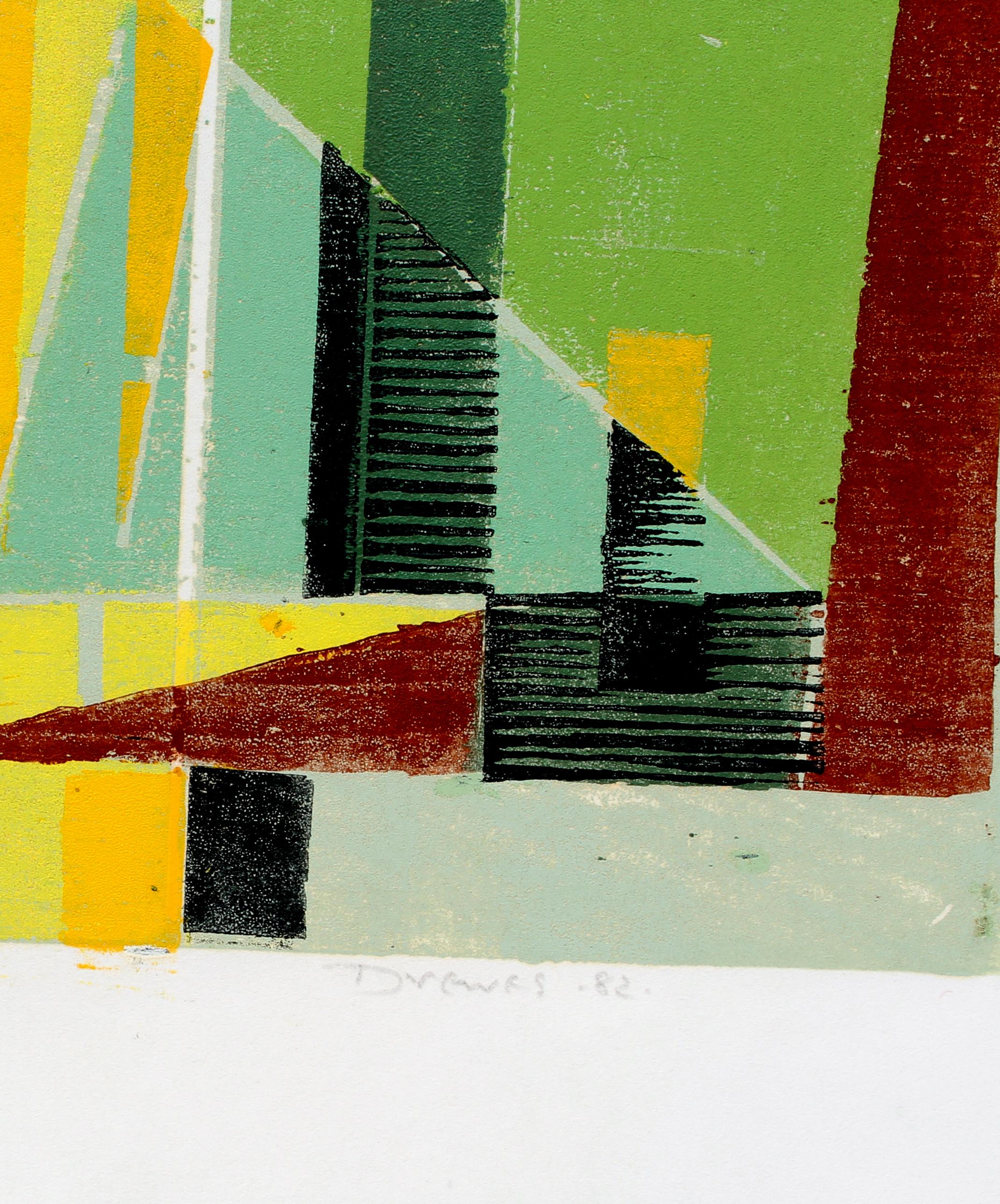 Werner Drewes, gravure sur bois cubiste colorée, rare, encadrée verte, noire et rouge, 1982 en vente 2
