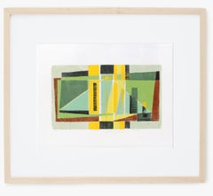 Werner Drewes, gravure sur bois cubiste colorée, rare, encadrée verte, noire et rouge, 1982