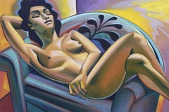 Mädchen auf Sofastuhl, Gemälde, Acryl auf Leinwand