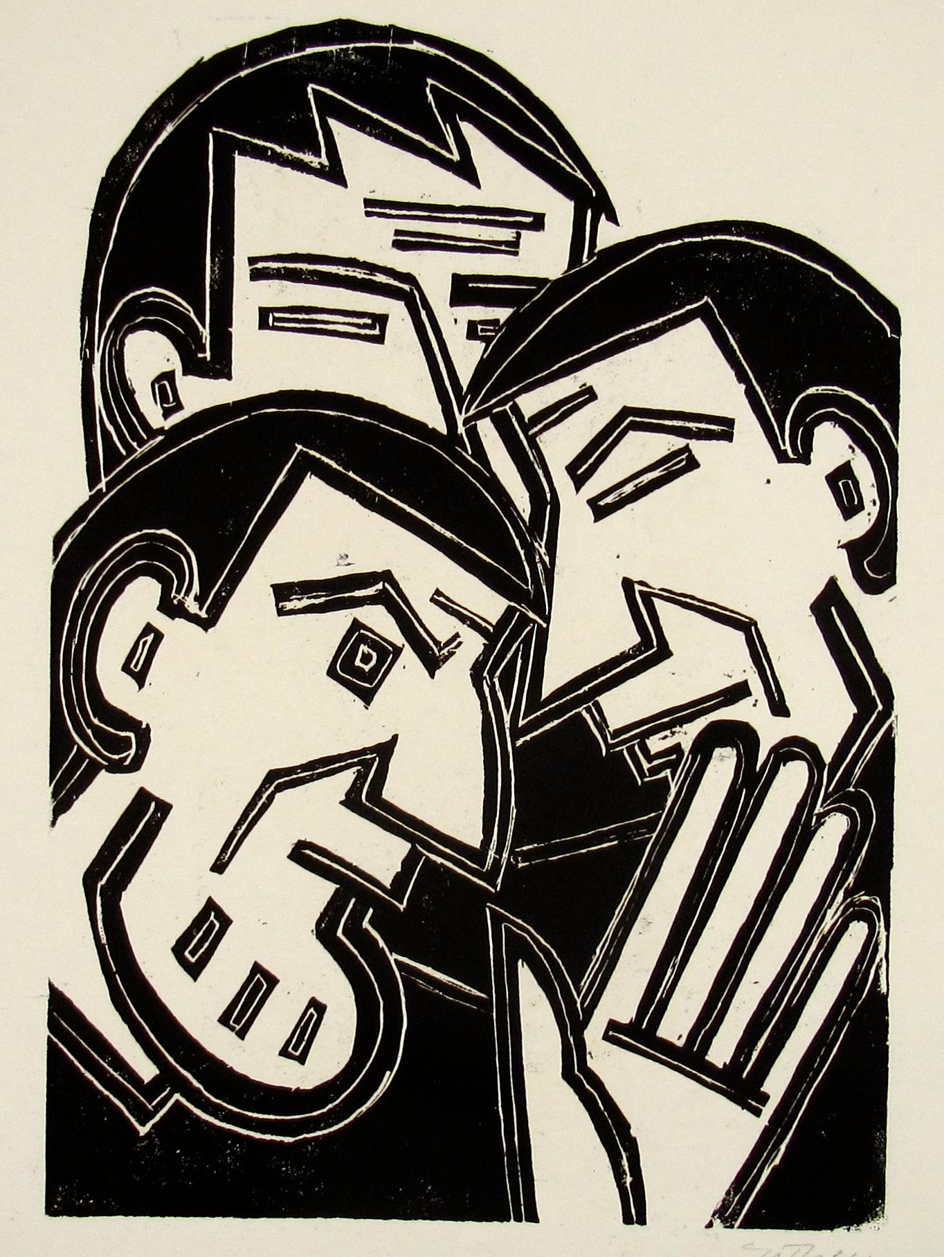 Werner Gothein ( 1890 - 1968 ) Drei Männer Xilografia espressionista Germania 1925 ca. 3