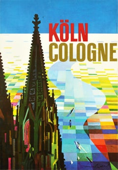 Affiche rétro originale de voyage, cathédrale de Cologne, Allemagne, milieu du siècle dernier