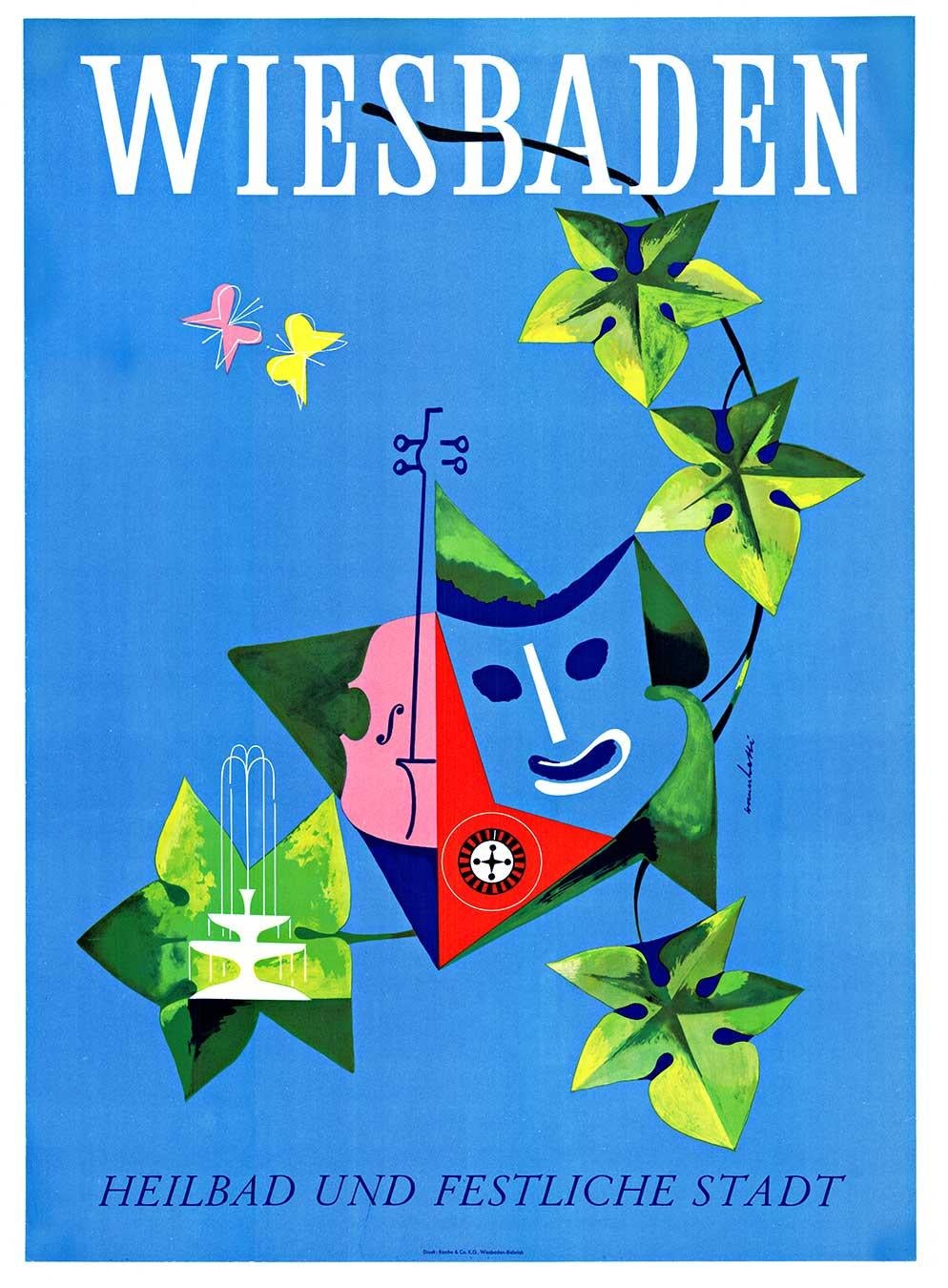 Figurative Print Werner Labbe - Original Wiesbaden (Allemagne) vintage thermal et festival city vintage poste