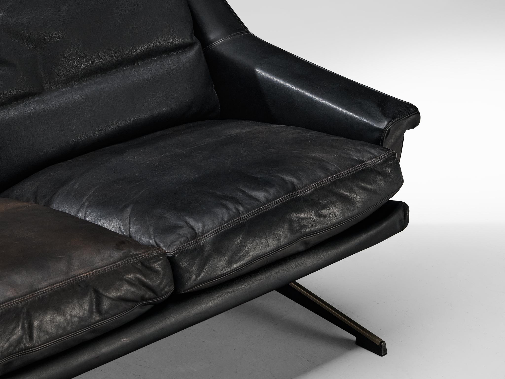 Danish Werner Langenfeld for ESA Sofa in Black Leather and Metal For Sale