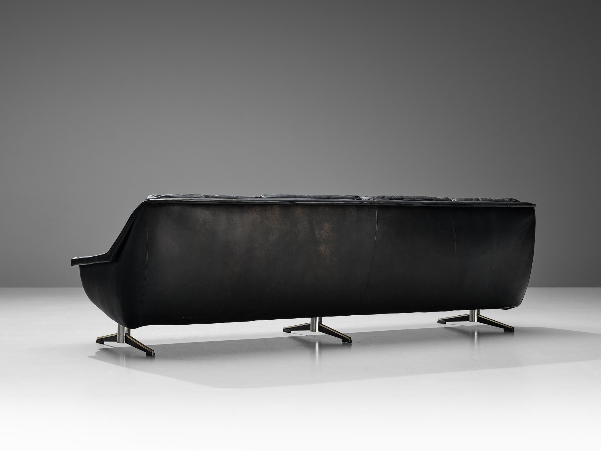 Werner Langenfeld for ESA Sofa in Black Leather and Metal In Good Condition For Sale In Waalwijk, NL