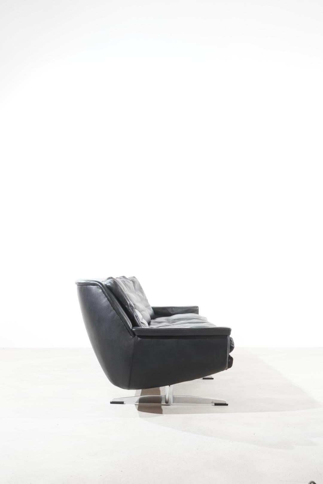 Steel Werner Langenfeld Model 802 Black Leather Sofa Mid Century