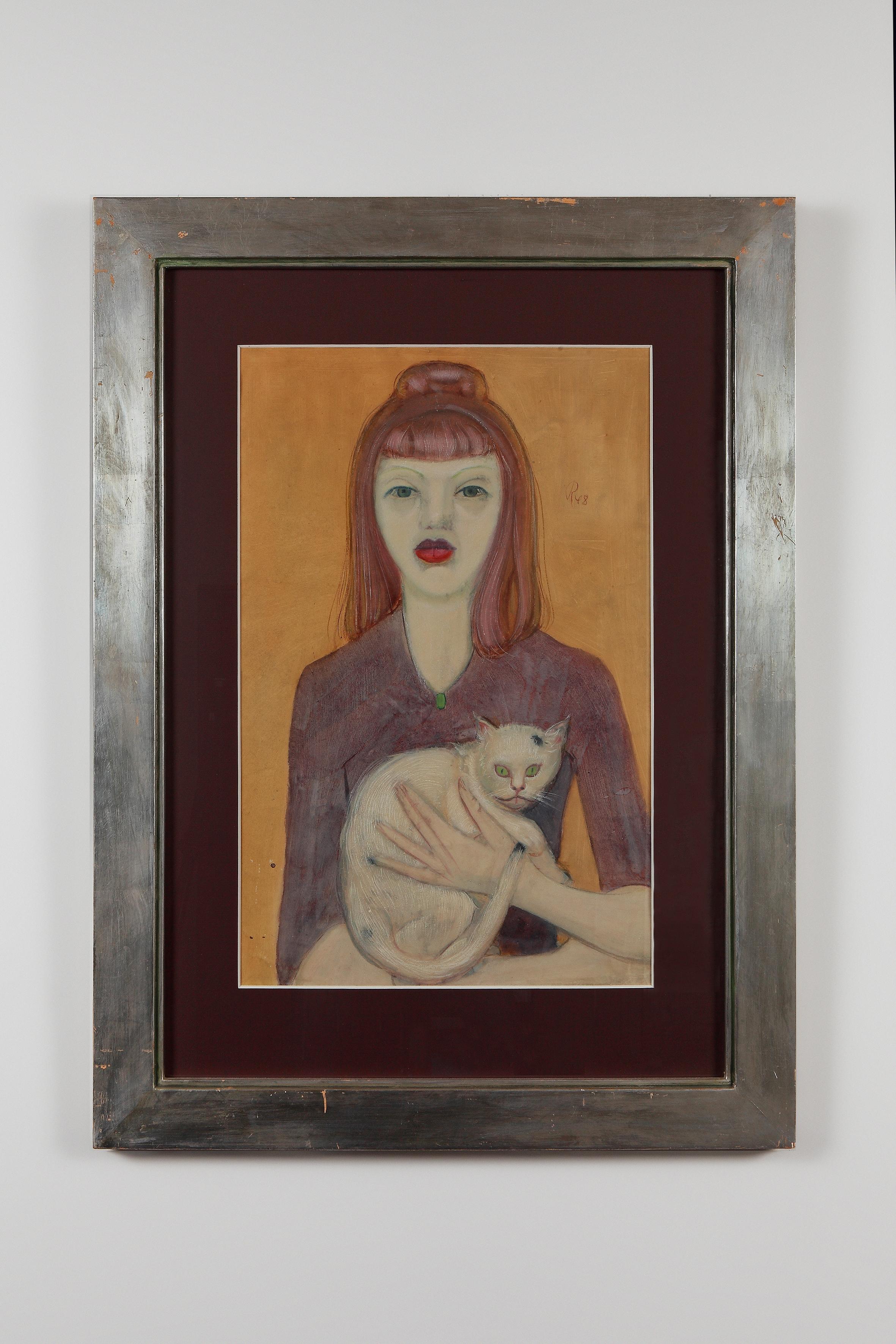 Gouache Mädchen mit Katze  ( Ragazza con gatto ) di Werner Reifahrt 1948 - Figurative Painting Arancia di Werner Reifarth