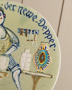 Werner Schmidt Wandteller aus Keramik, handbemalt, naives Motiv, Deutschland 1970er Jahre