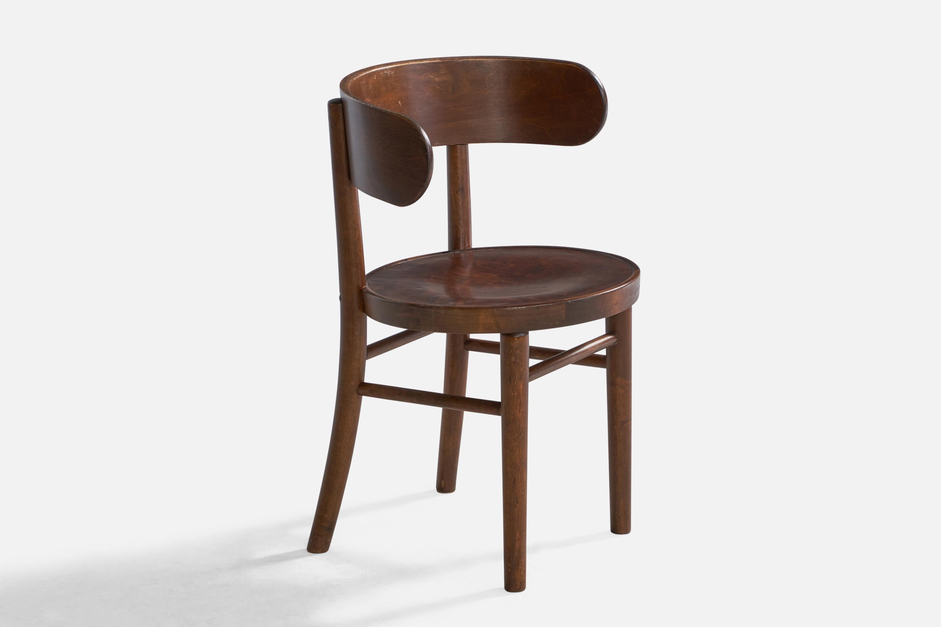 A stained bentwood side chair designed by Werner West and produced by Wilhelm Schauman Fanerfabrik AB, Jyväskylä, Finland, 1930s.

Seat height: 17.38”