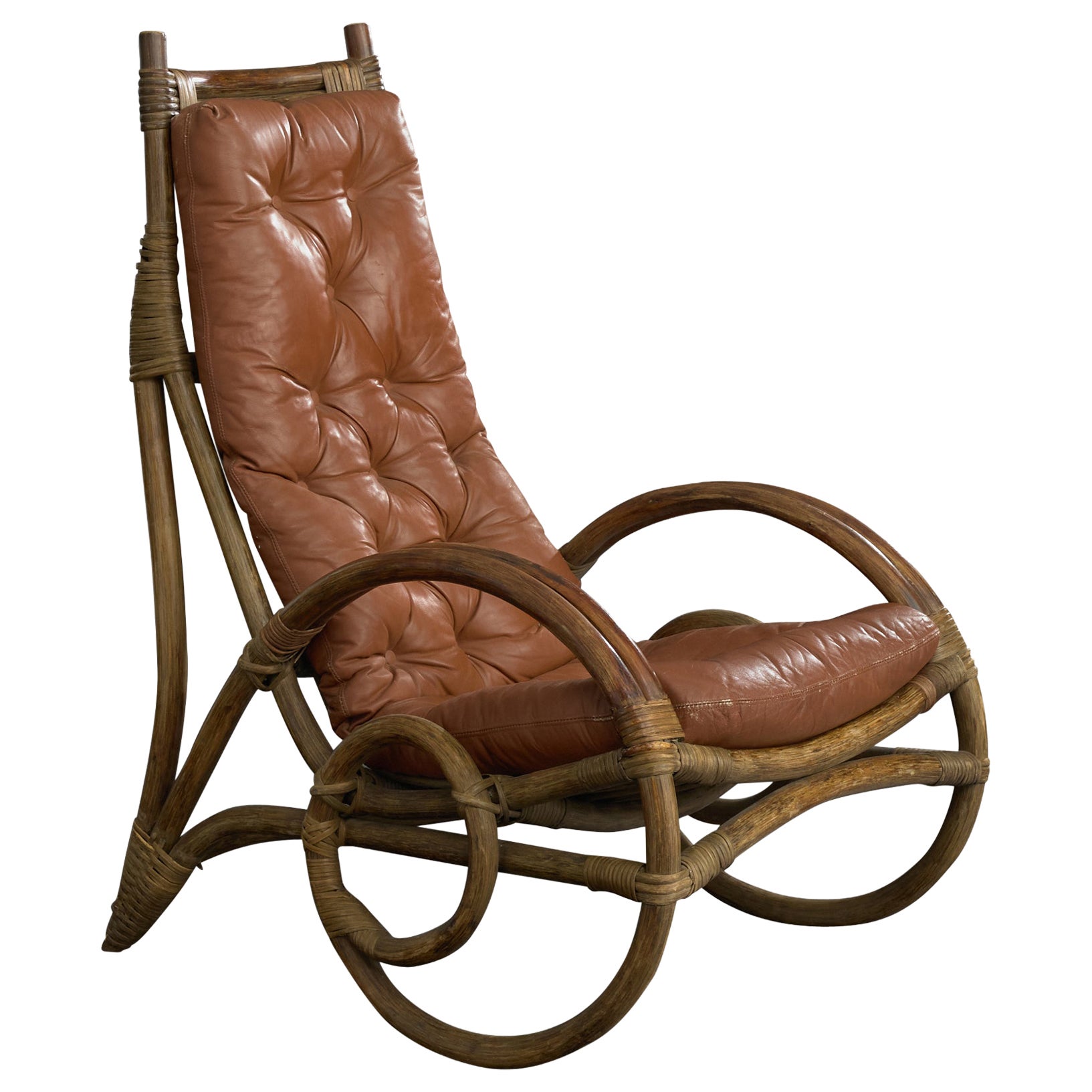 Werther Toffoloni, Silla de salón, bambú, ratán, cuero, Italia, años 60