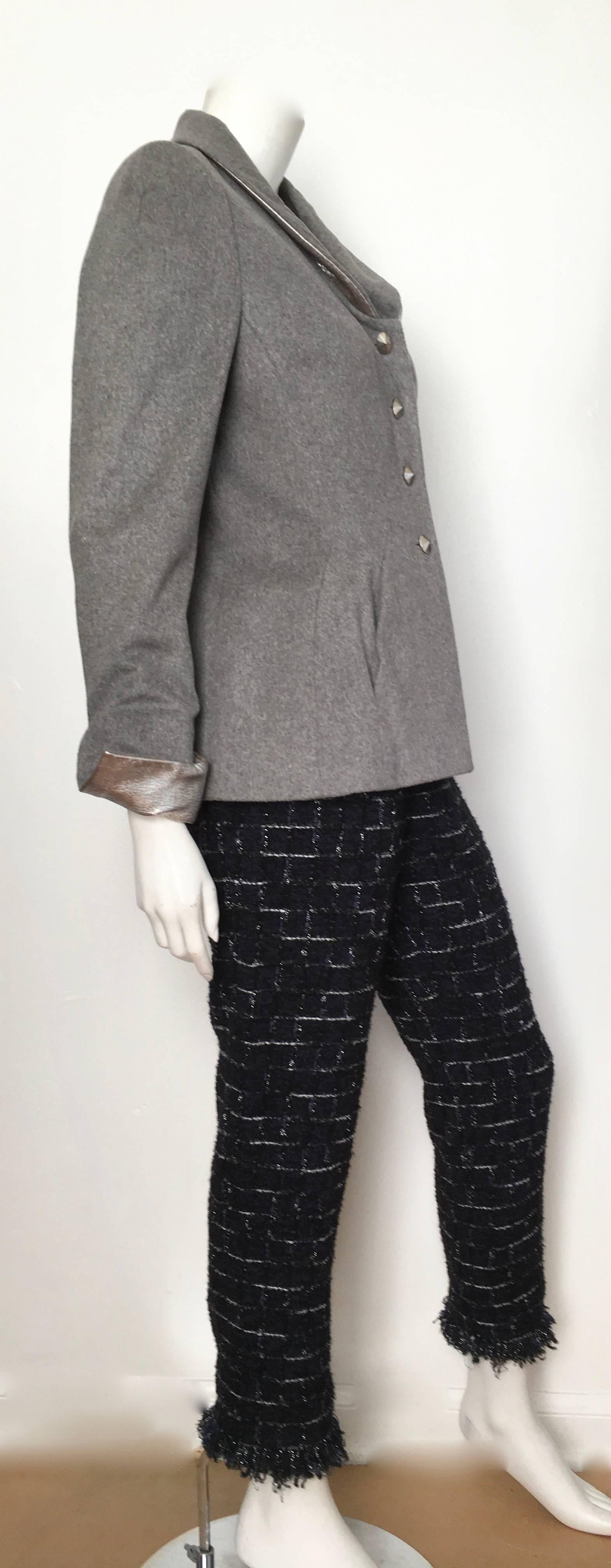 Women's or Men's Wes Gordon Grey Wool with Silver Leather Pant Suit is Size 8.  For Sale