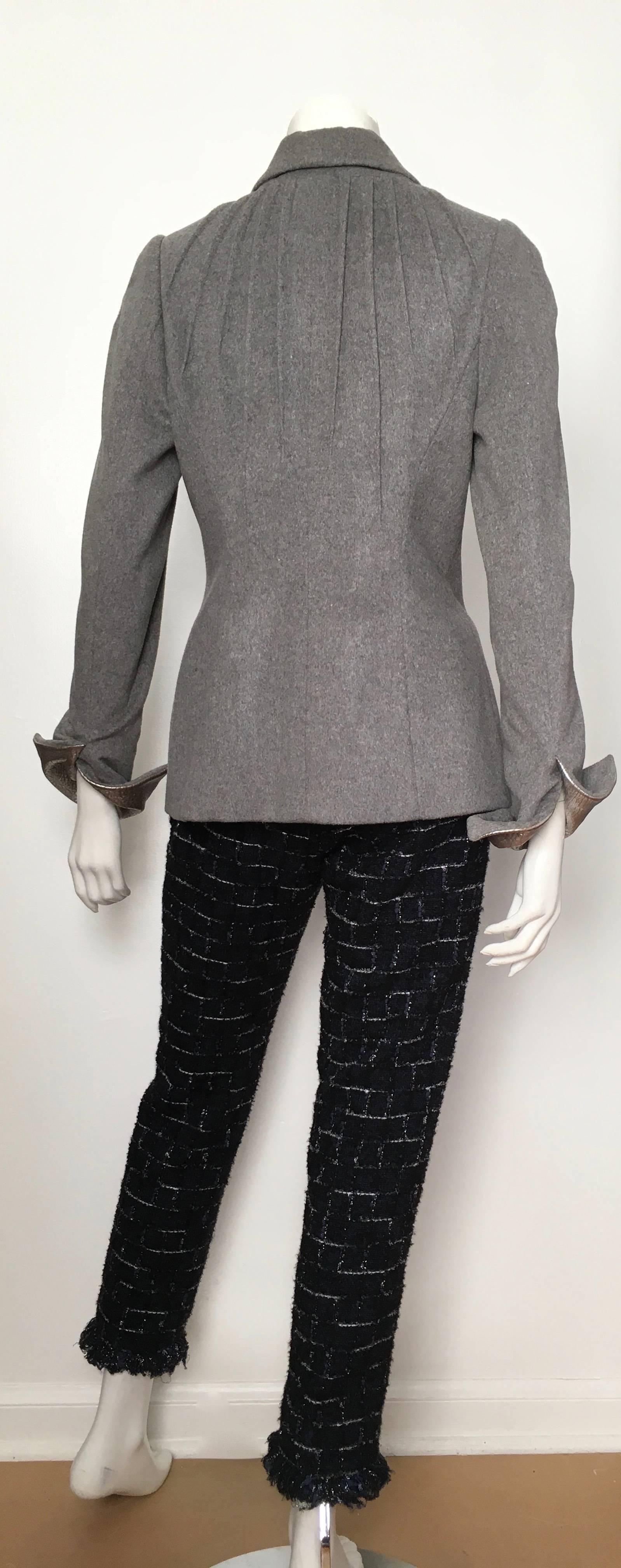 Wes Gordon Grey Wool with Silver Leather Pant Suit is Size 8.  For Sale 2