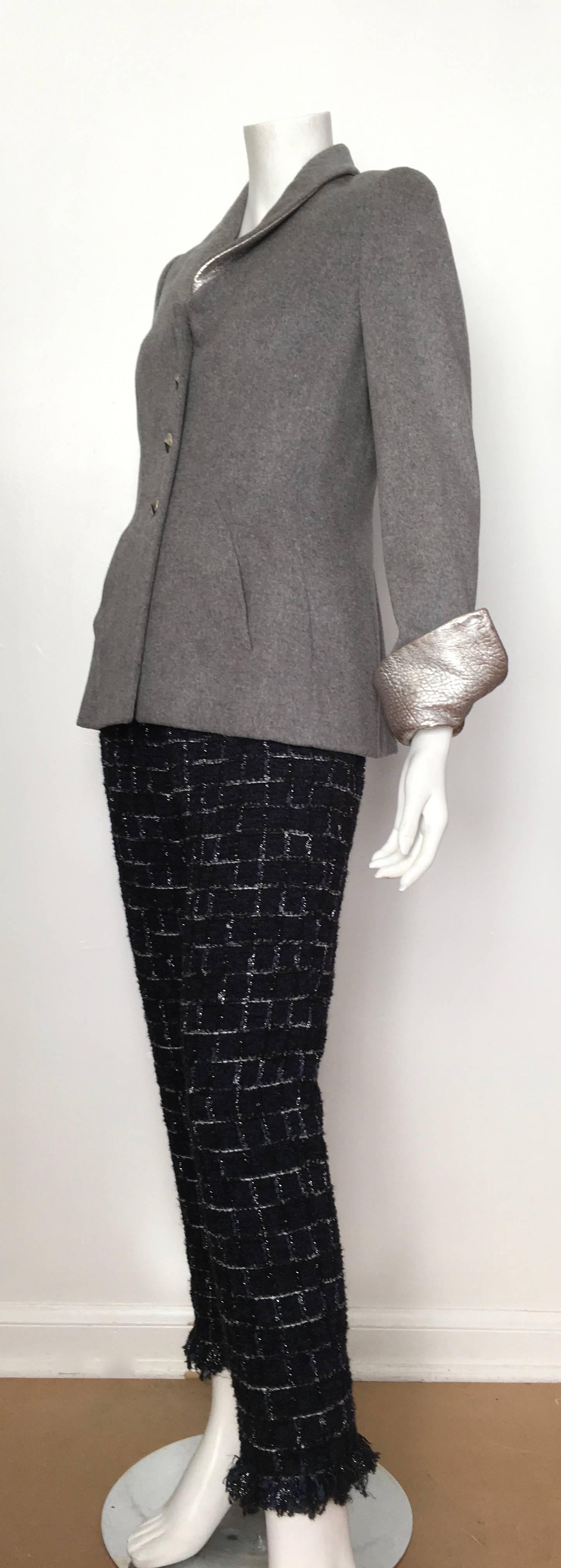 Wes Gordon Grey Wool with Silver Leather Pant Suit is Size 8.  For Sale 4