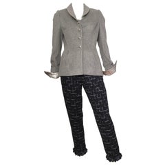 Wes Gordon Grey Wool with Silver Leather Pant Suit is Size 8.