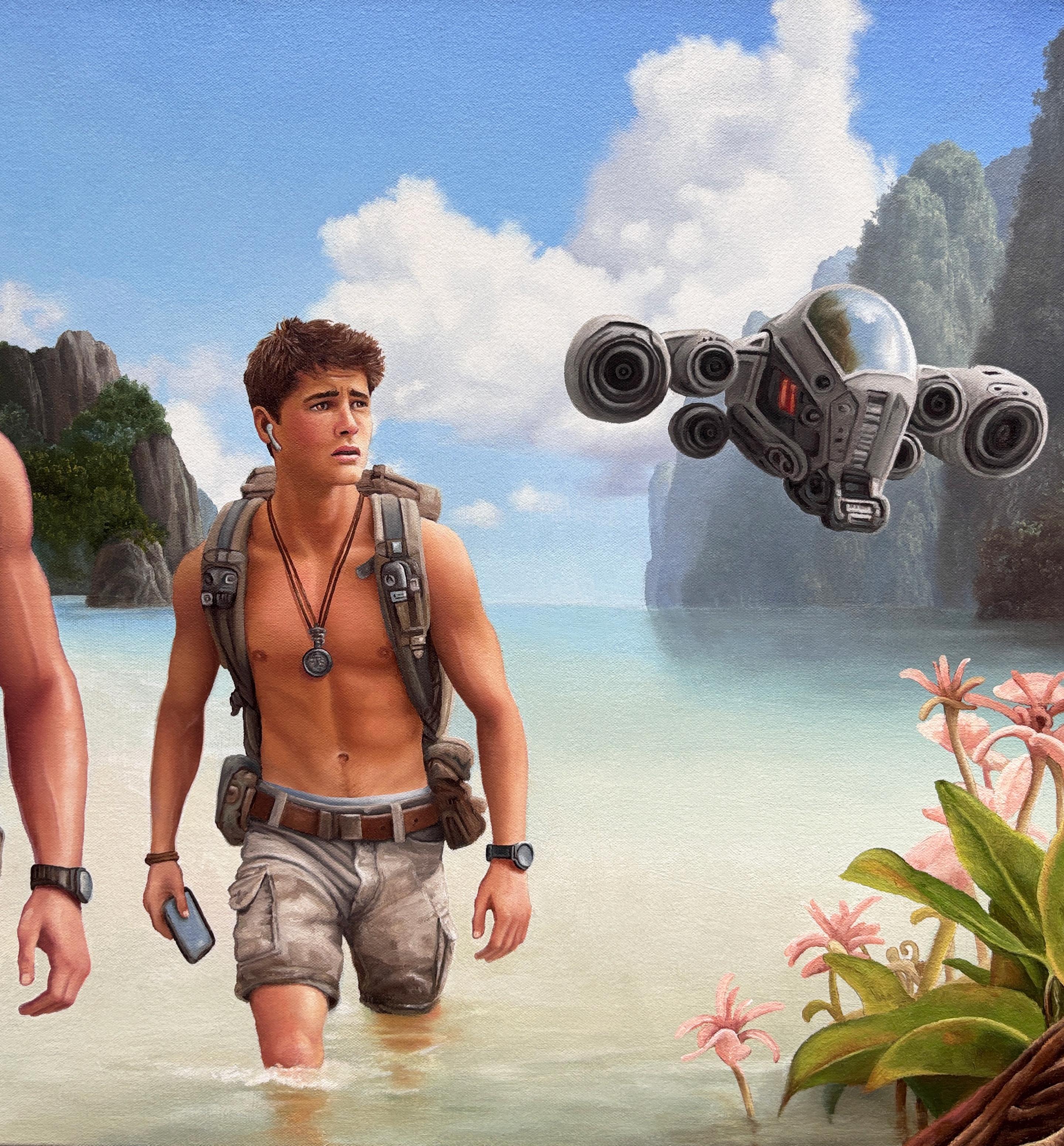 The twelve paintings in the exhibition are imaginary film stills based on on a Science Fiction screenplay, titled Regression, that was supposedly developed in the 1950s.  The film was never made and, to Hempel’s knowledge, none of the script