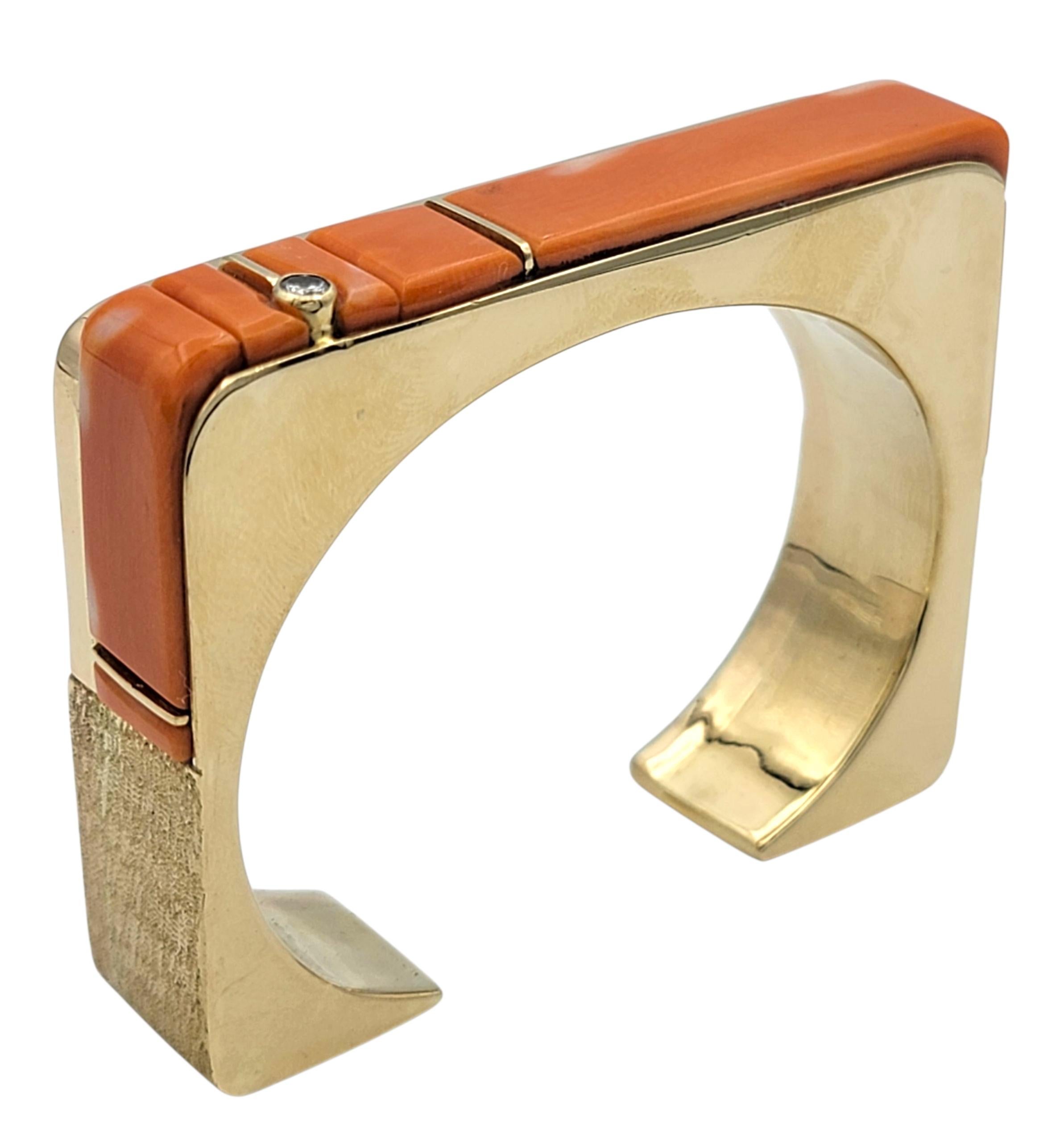 Contemporary Wes Willie Coral, Diamond and Multi-Gem Inlay Squared Cuff Bracelet in 14K Gold For Sale